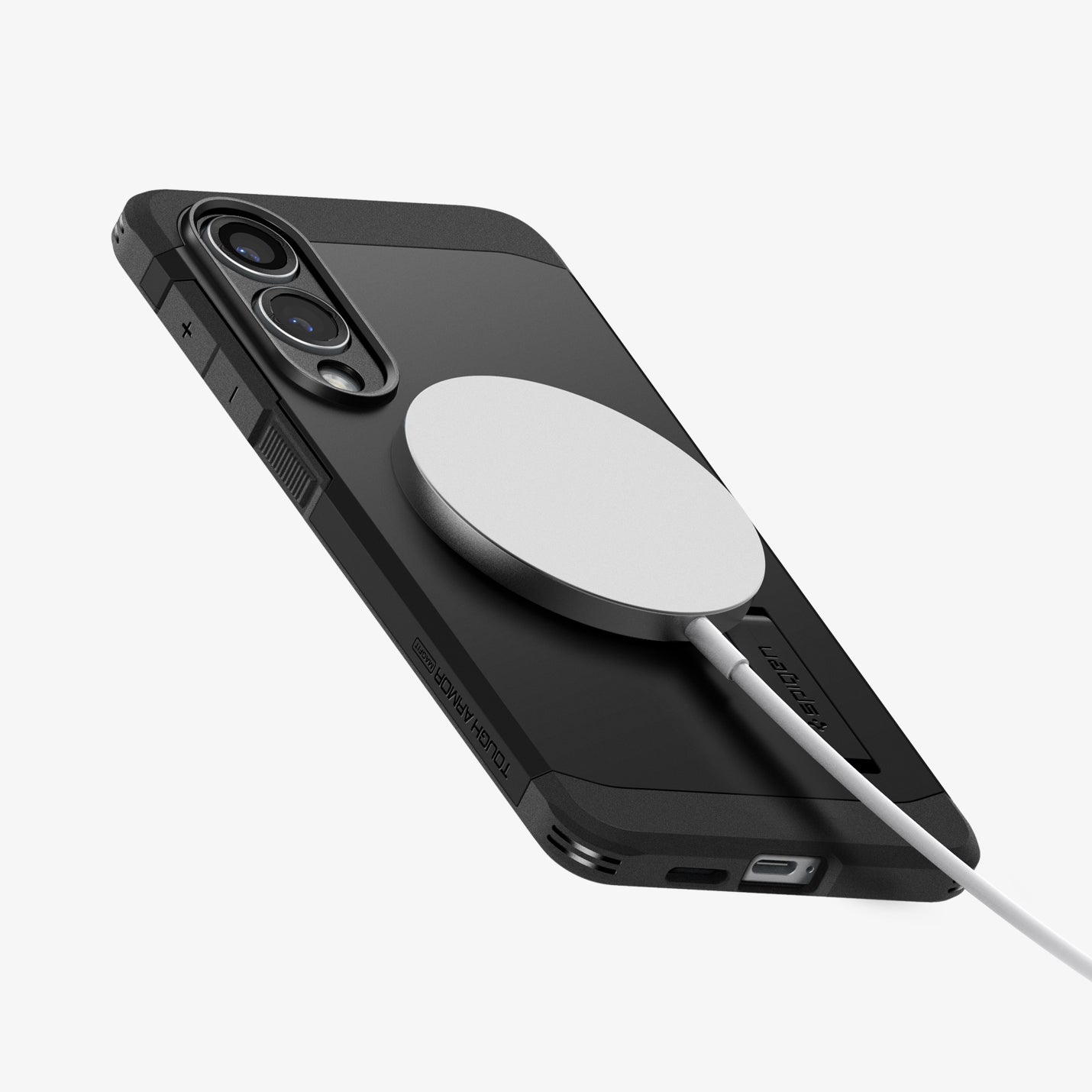 ACS09422 - Galaxy S25 Edge Case Tough Armor AI (MagFit) in Black showing the back, side and bottom of the case with wireless charger attached