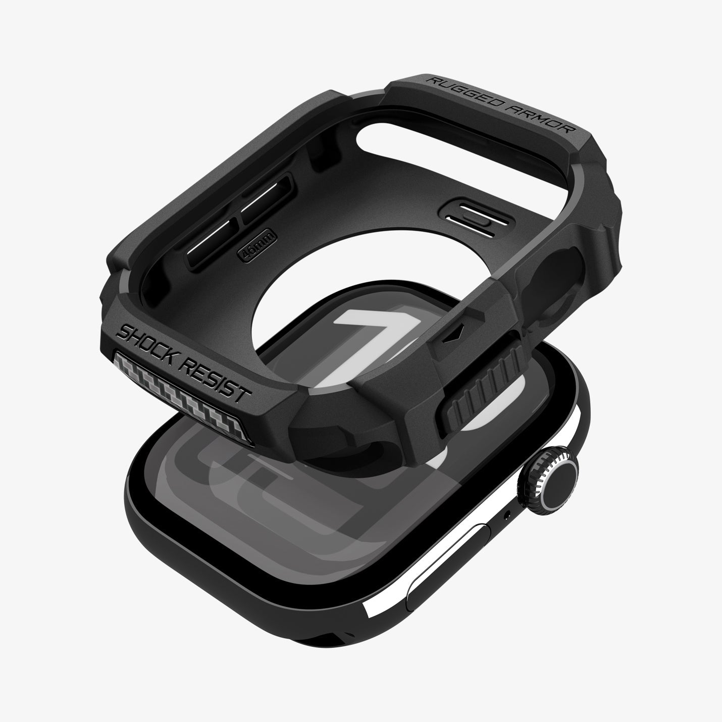 ACS10491 - Apple Watch 10/11 (42mm) Rugged Armor 2 in Matte Black showing the case hovering above the watch face