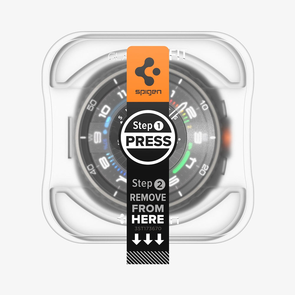 AGL09877 - Galaxy Watch 8 46mm GLAS.tR EZ Fit showing the front with ez fit tray installed on watch face