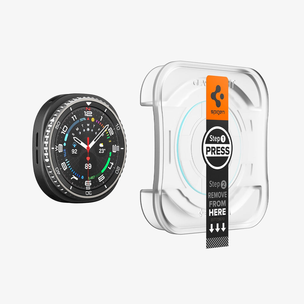 AGL09877 - Galaxy Watch 8 46mm GLAS.tR EZ Fit showing the watch face, screen protector and ez fit tray