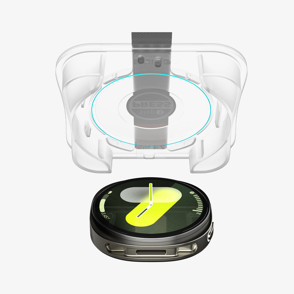 AGL09876 - Galaxy Watch 8 44mm GLAS.tR EZ Fit showing the ez fit tray and screen protector hovering above the watch face