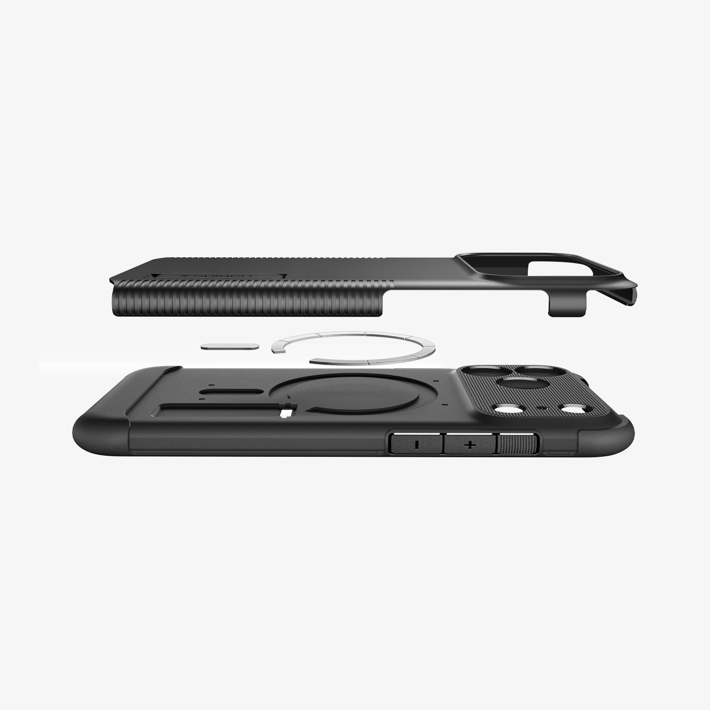 ACS09603 - iPhone 17 Pro Max Slim Armor (MagFit) in Black showing the back cover hovering above detached metal ring plate and the back of the case