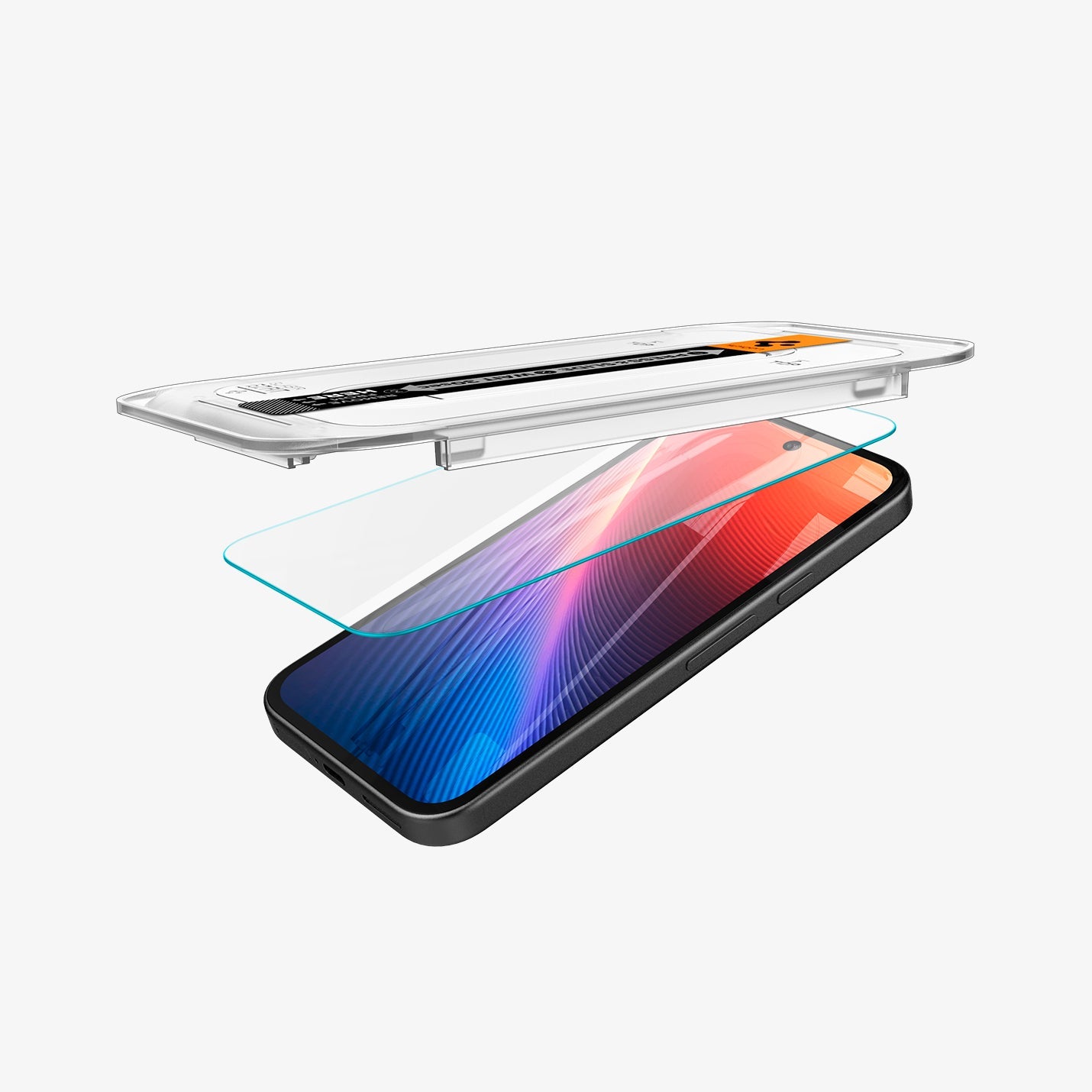 AGL08938 - Pixel 9a GLAS.tR EZ Fit in Clear showing partial front of the tray hovering above the screen protector and the device
