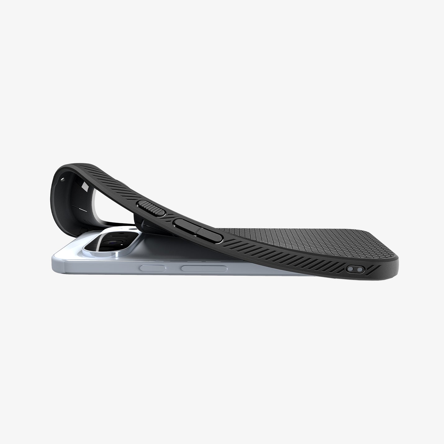 ACS09737 - GajPXL Case Liquid Air in matte black showing the device laying flat and case slightly bending away at the top