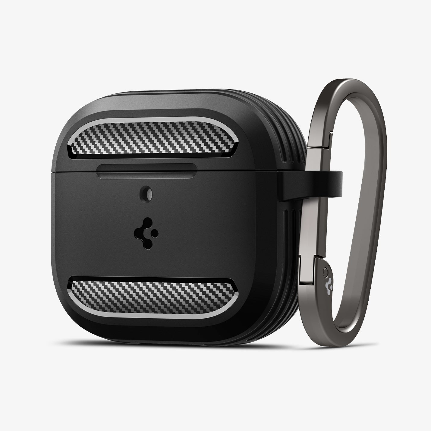 ACS09188 - AirPods 4 Pro Case Rugged Armor in Matte Black showing the front, partial side with carabiner