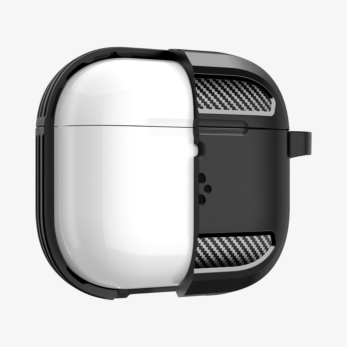 ACS09188 - AirPods 4 Pro Case Rugged Armor in Matte Black showing the front partially cut open in half