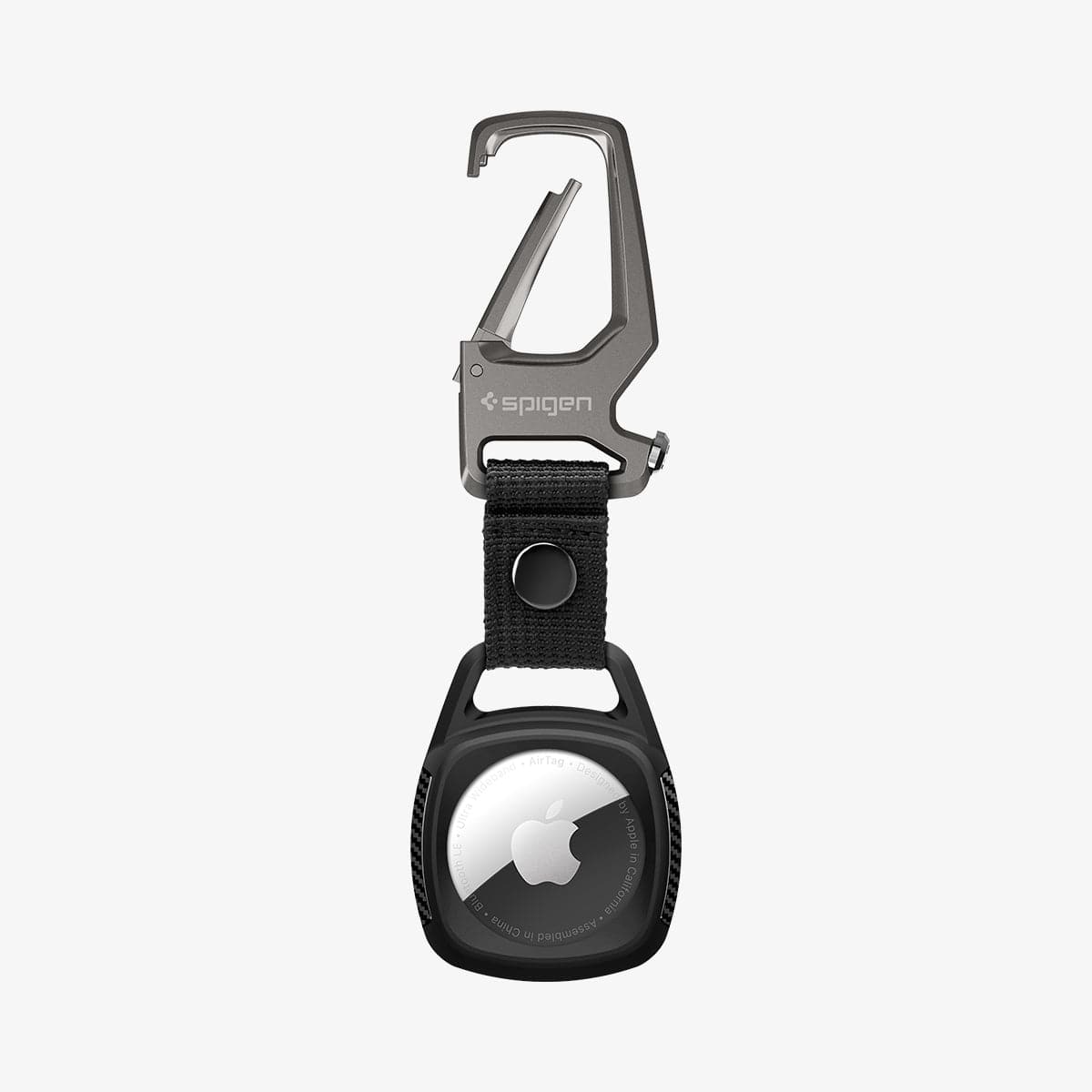 AMP01565 - AirTag Case Rugged Armor showing the front with carabiner slightly open