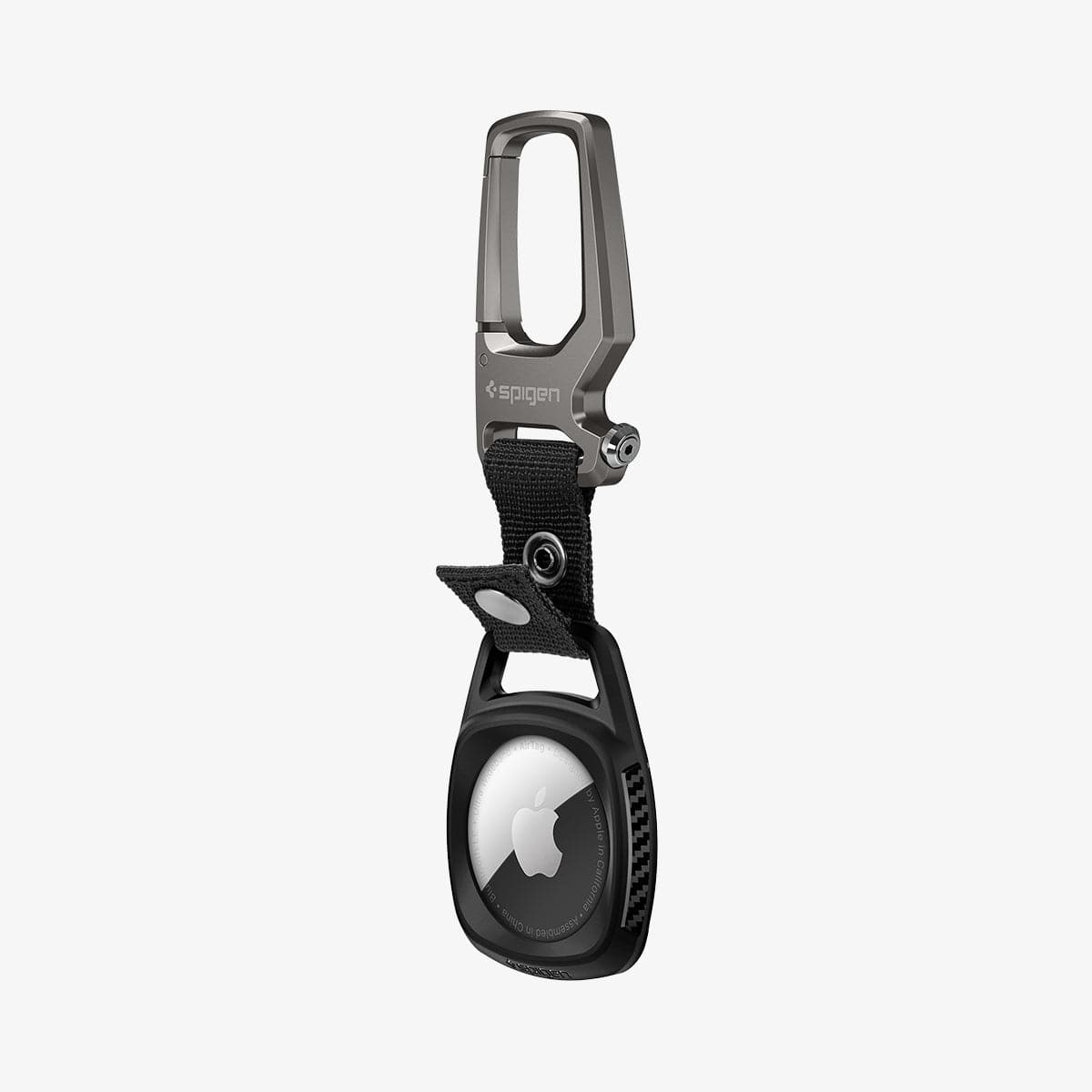 AMP01565 - AirTag Case Rugged Armor showing the front and side with attachment strap unbuttoned