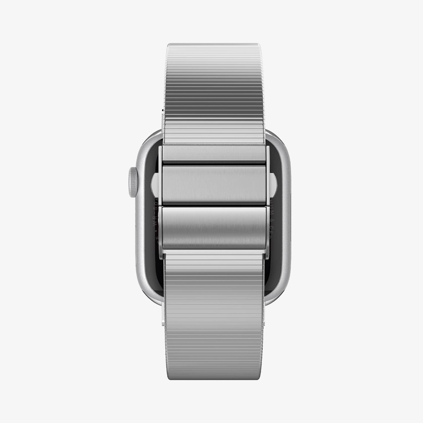 AMP07224 - Apple Watch (41mm) Sleek Link in Silver showing the partial side and bottom of a watch