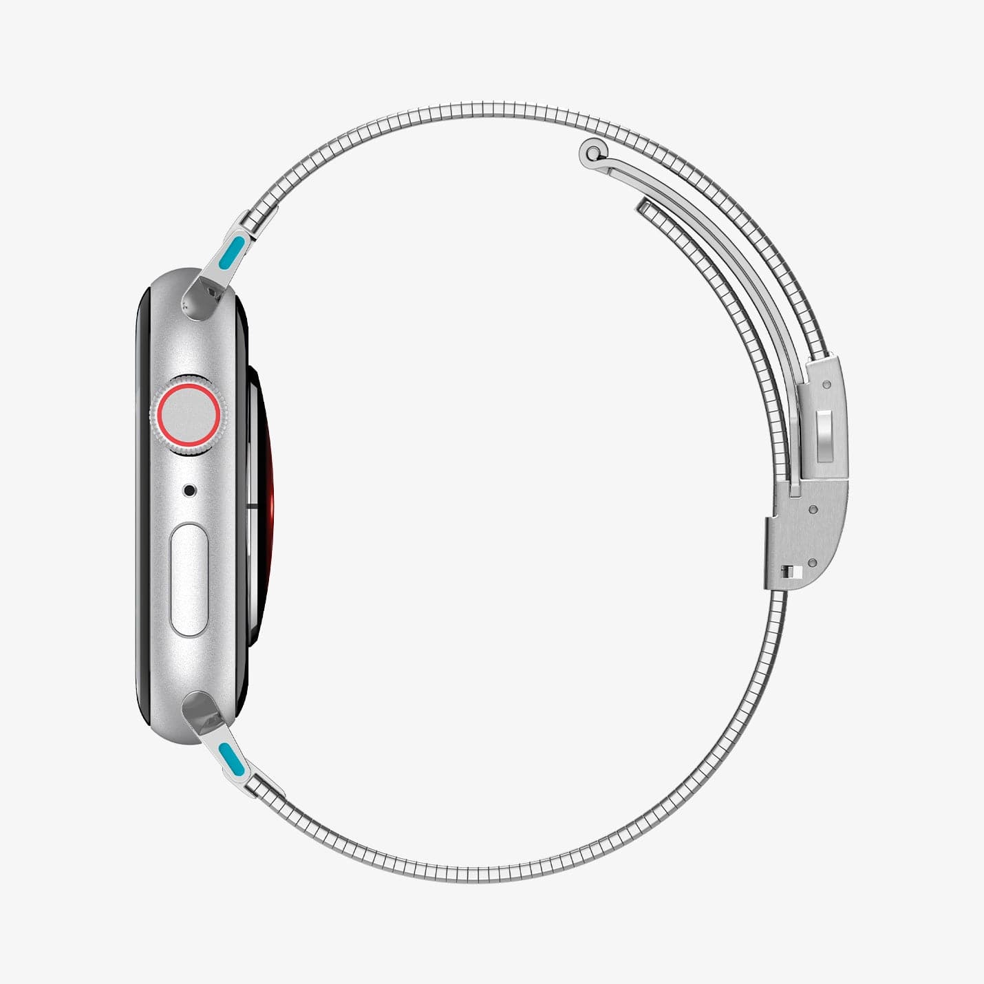 AMP07224 - Apple Watch (41mm) Sleek Link in Silver showing the side of a watch's head and side of the strap