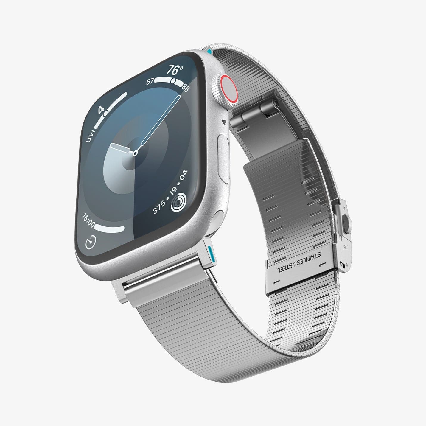 AMP07224 - Apple Watch (41mm) Sleek Link in Silver showing the front, partial side and partial inner part of a watch