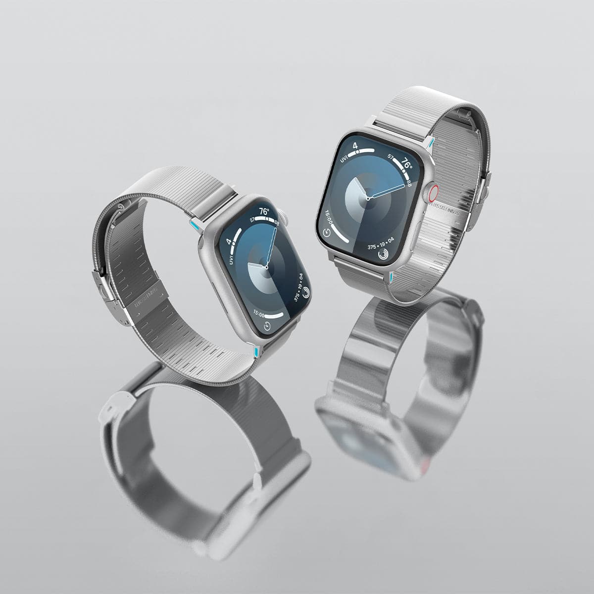 AMP07224 - Apple Watch (41mm) Sleek Link in Silver showing the front and sides of 2 watches facing each other