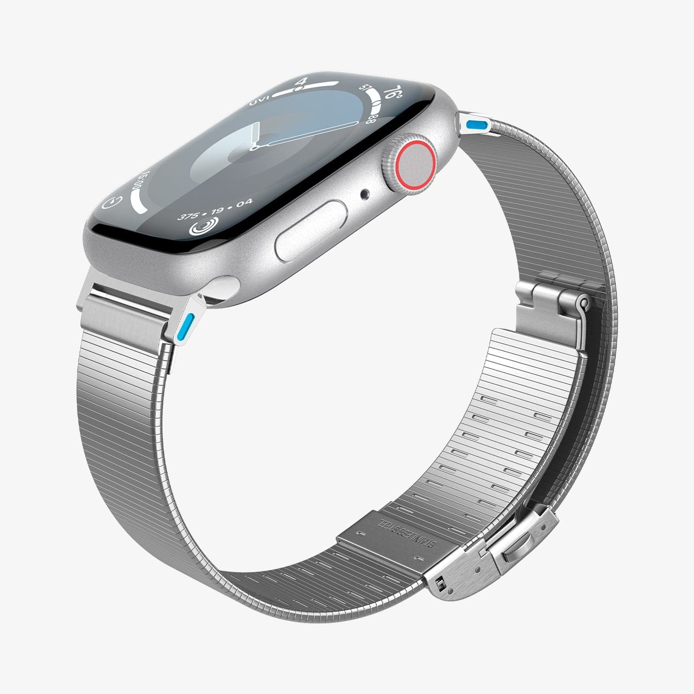 AMP07224 - Apple Watch (41mm) Sleek Link in Silver showing the partial front, partial sides and partial inner of the watch