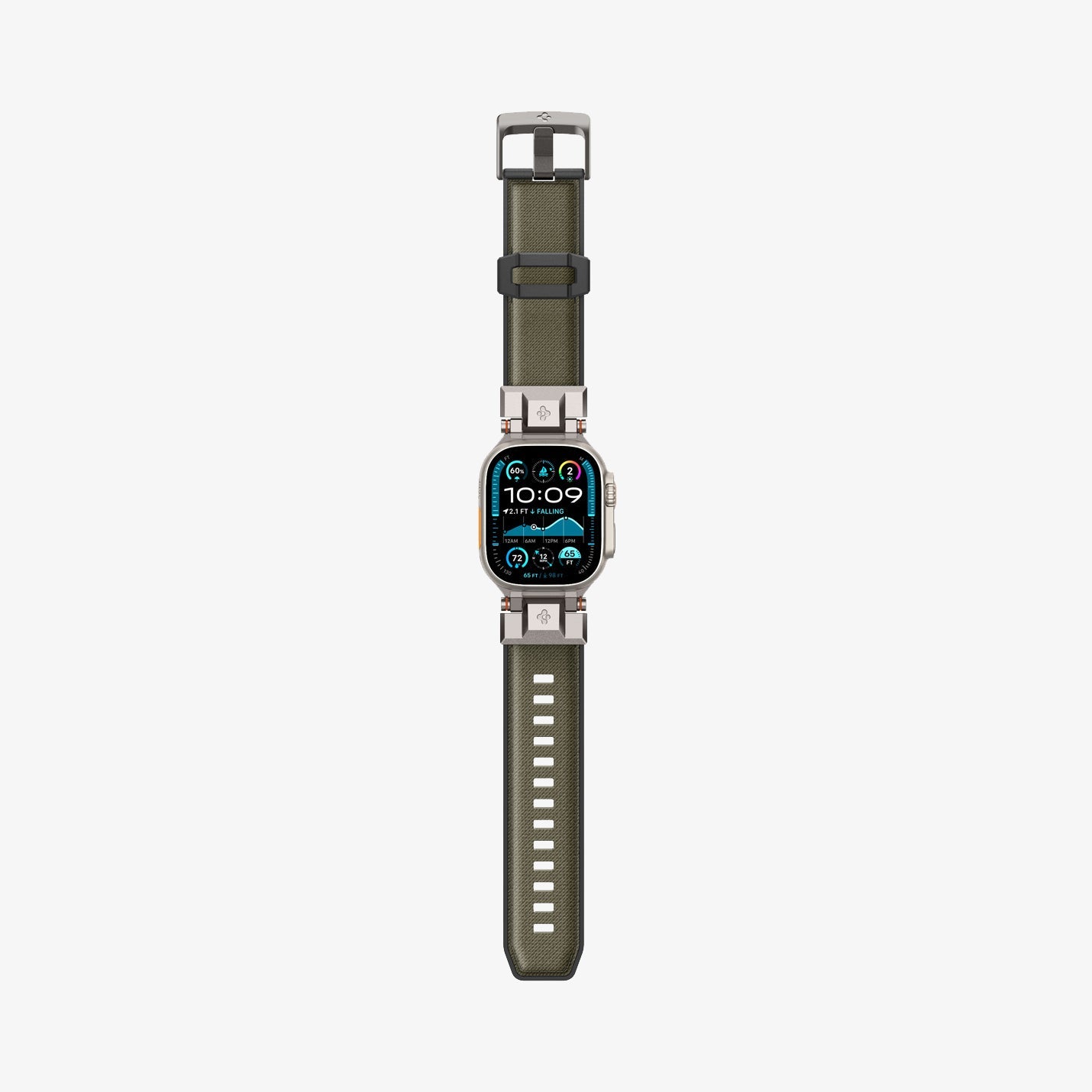 AMP09102 - Apple Watch Ultra (49mm) DuraPro Armor in Military Green showing the front with the watch band flat