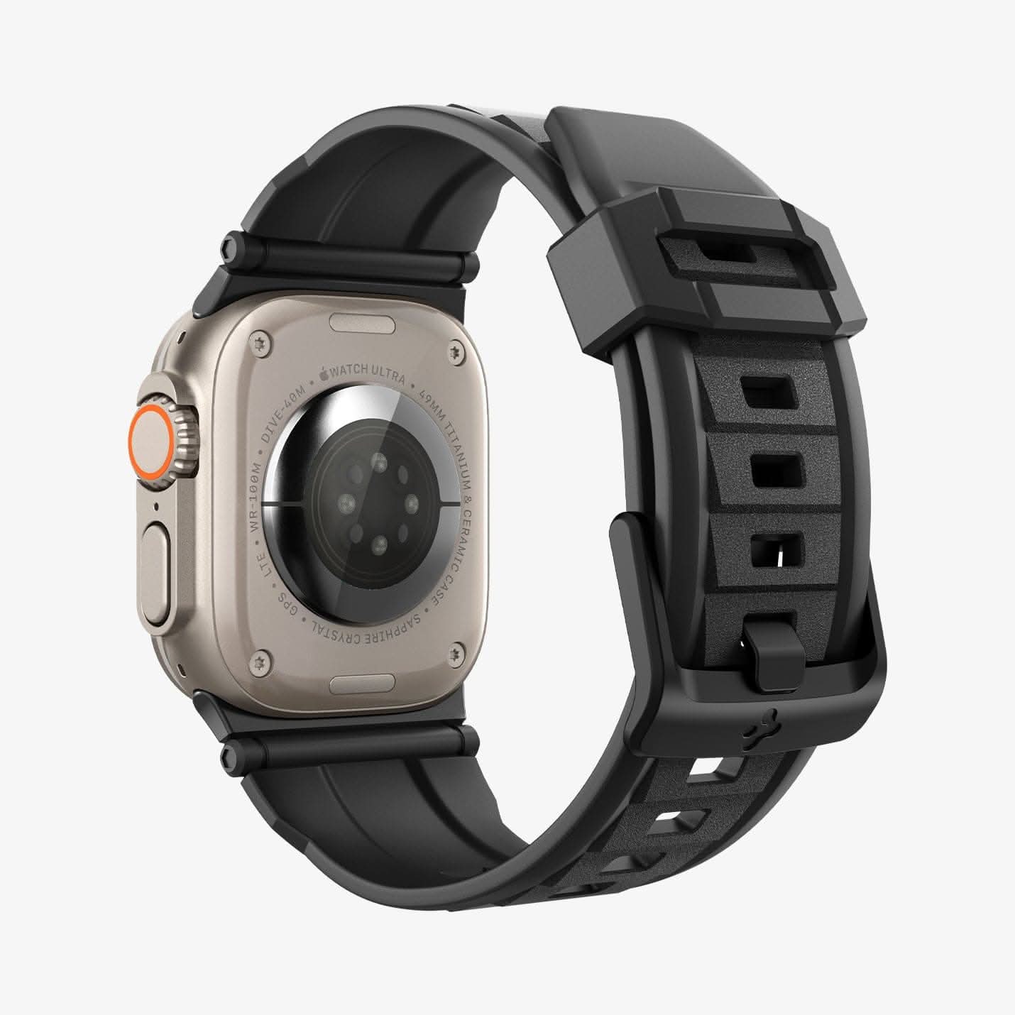 AMP07105 - Apple Watch (49mm) Rugged Ultra Band in Matte Black showing the back, partial inner and bottom