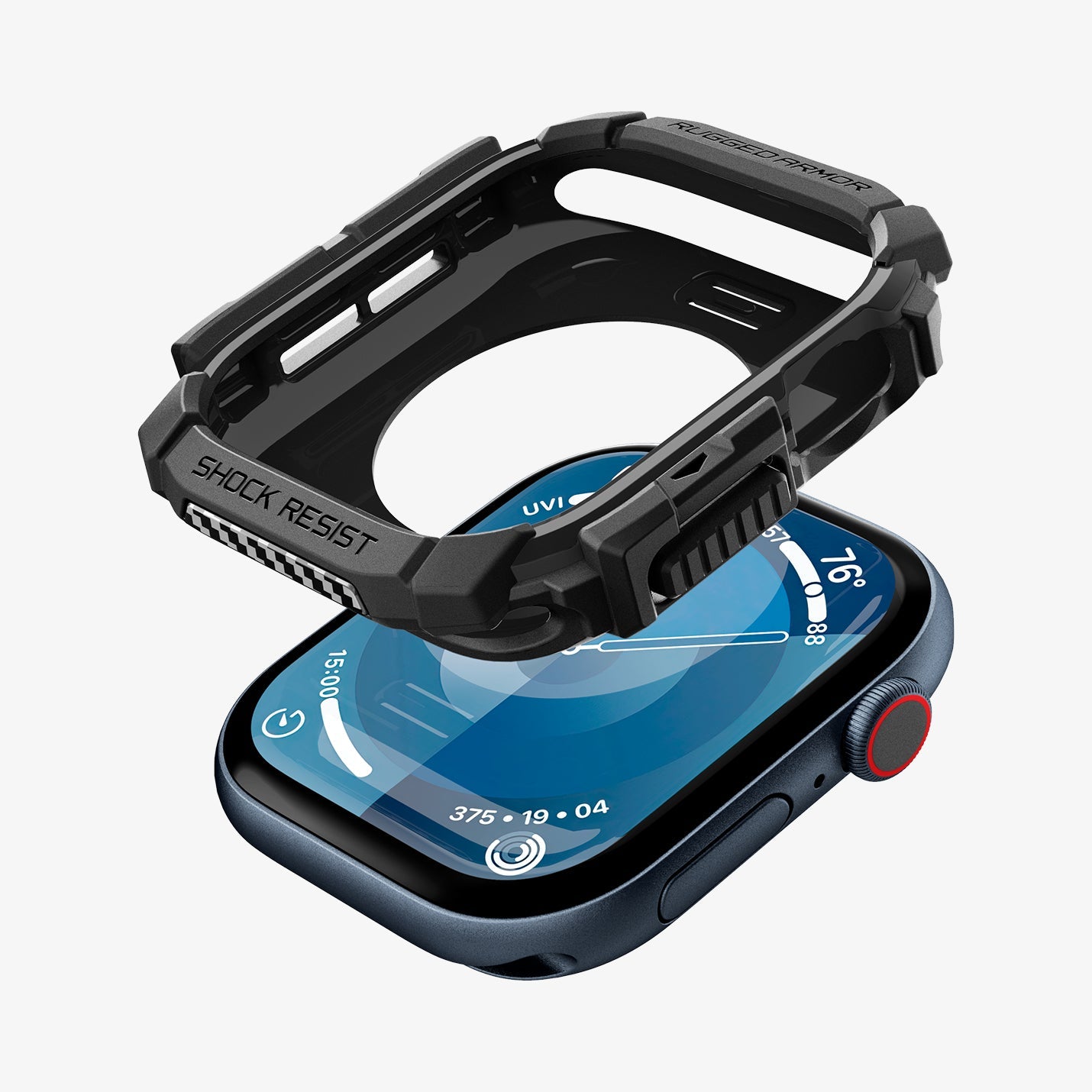 ACS08597 - Apple Watch 10 (46mm) Case Rugged Armor in Matte Black showing the inner frame and sides hovering above the watch face