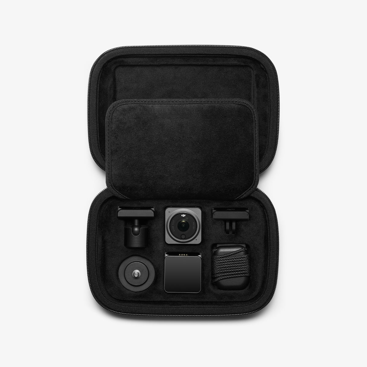 AFA04310 - DJI Action 2 Case Rugged Armor Pro Pouch in black showing the inside with multiple slots to place your DJI securely filled with equipment inside