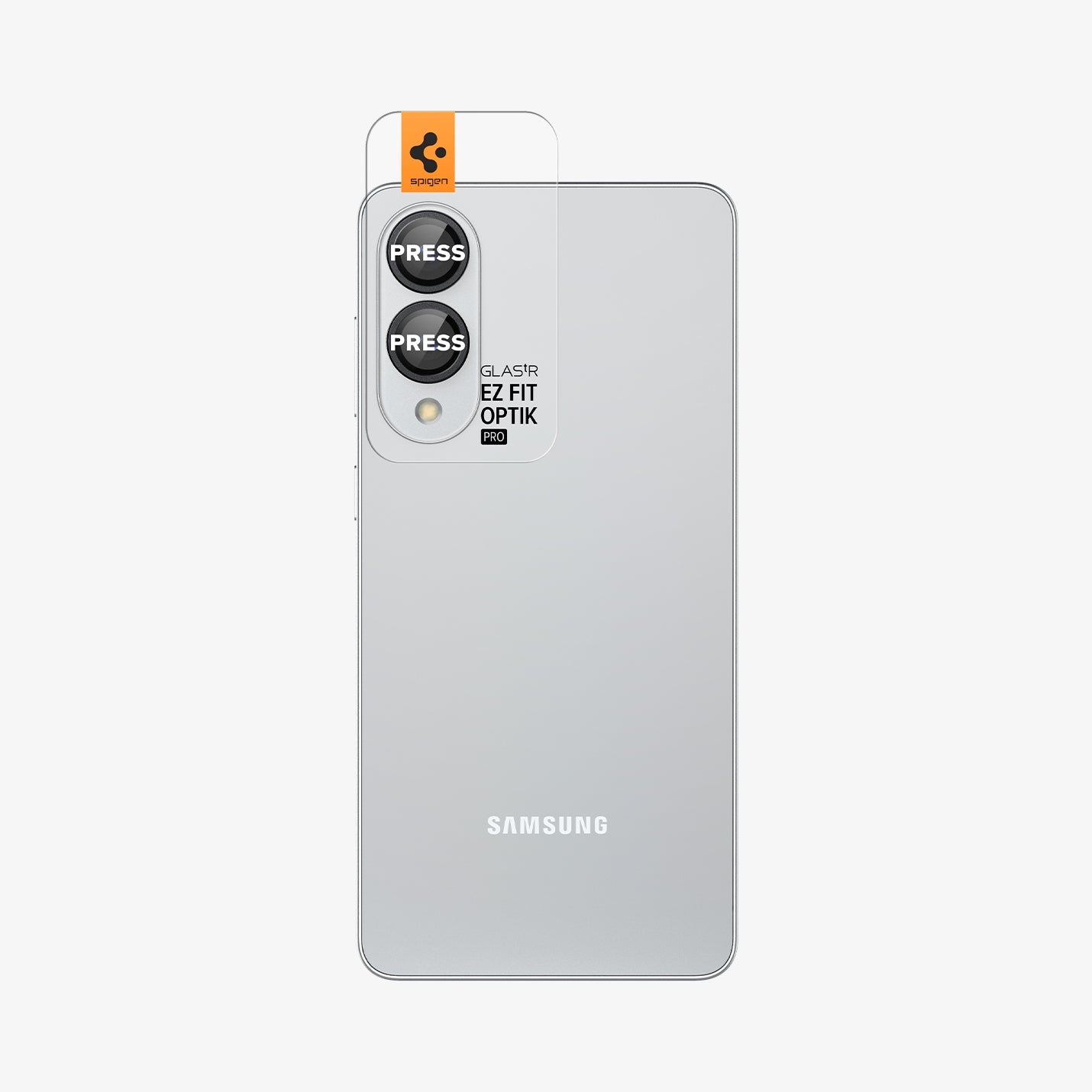 AGL09412 - Galaxy S25 Edge Optik EZ Fit Lens Pro Protector in Black showing the lens screen protector on a tray attached to the lens camera of the device