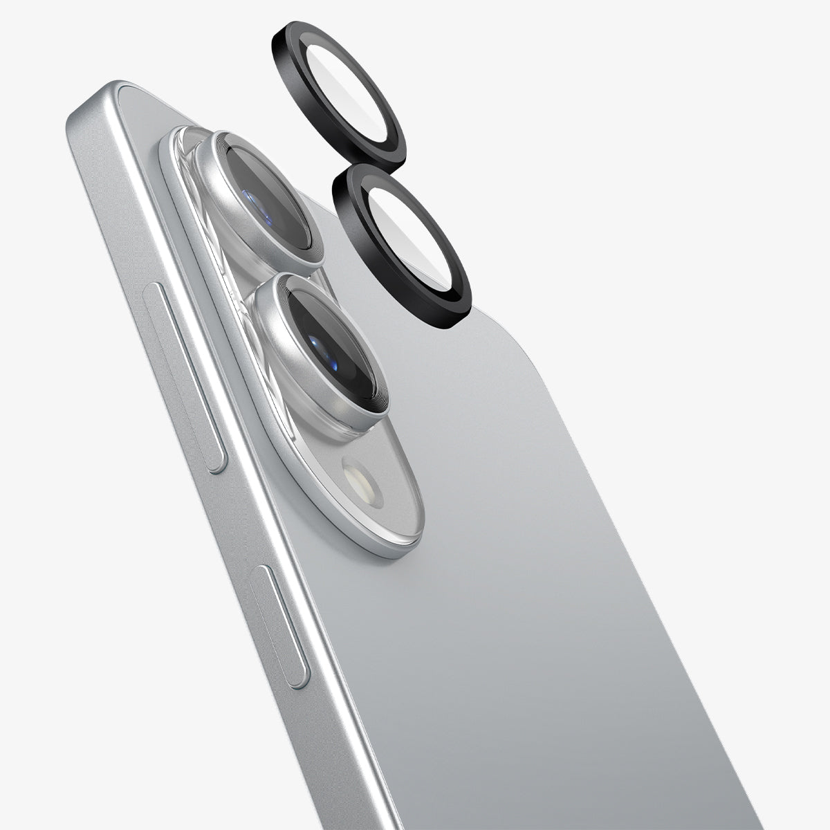 AGL09412 - Galaxy S25 Edge Optik EZ Fit Lens Pro Protector in Black showing the 2 lens screen protector hovering in front of the camera lens and the device