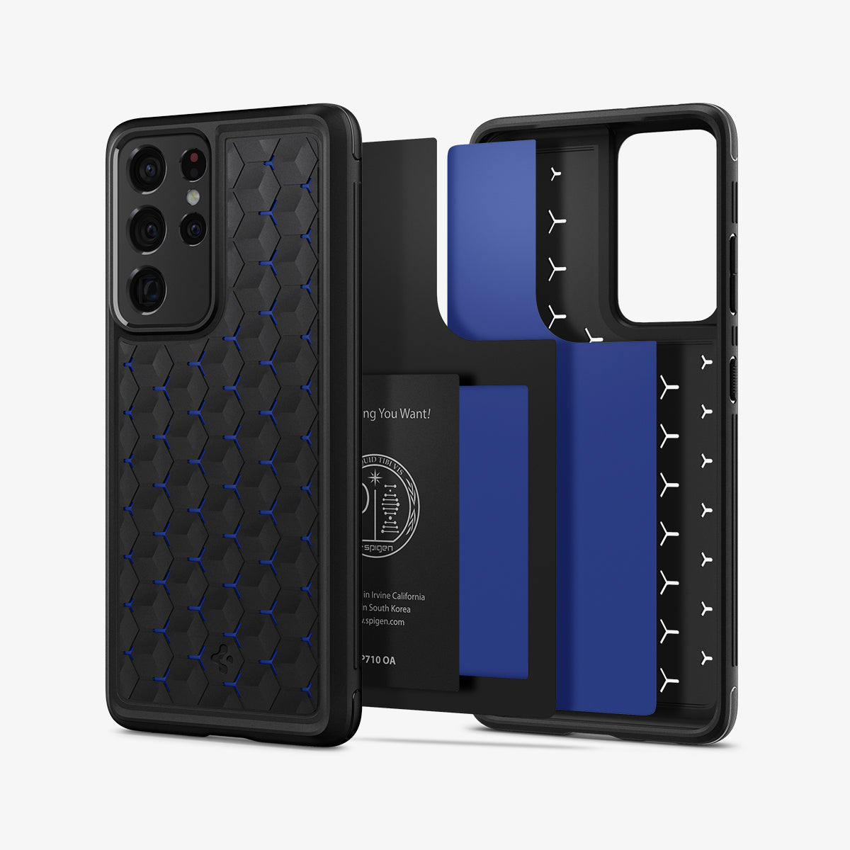 ACS03002 - Galaxy S21 Ultra Case Cryo Armor in Matte Black showing the back, partial side, in the middle, 2 layers of detached parts and the inner of the case