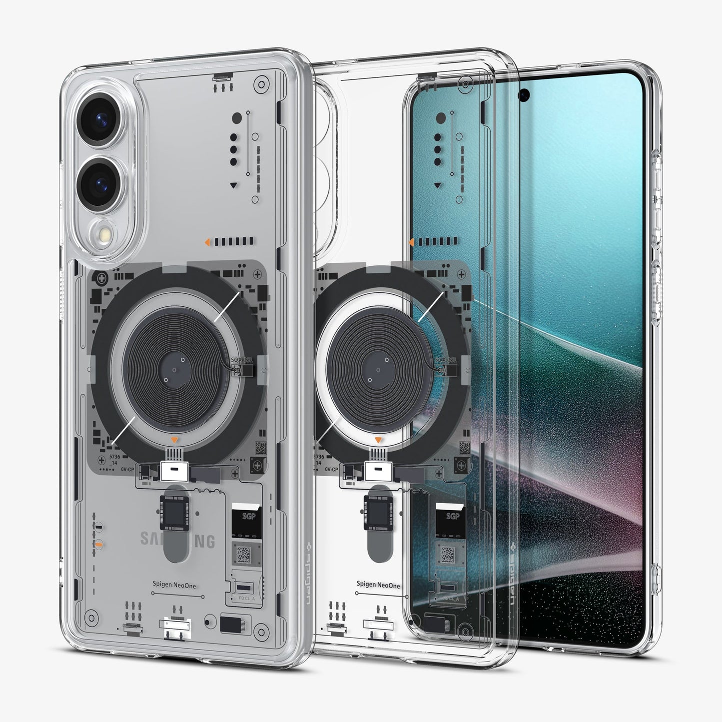ACS09416 - Galaxy S25 Edge Case Ultra Hybrid Neo One showing the back with the device, partial back case only, partial front and sides