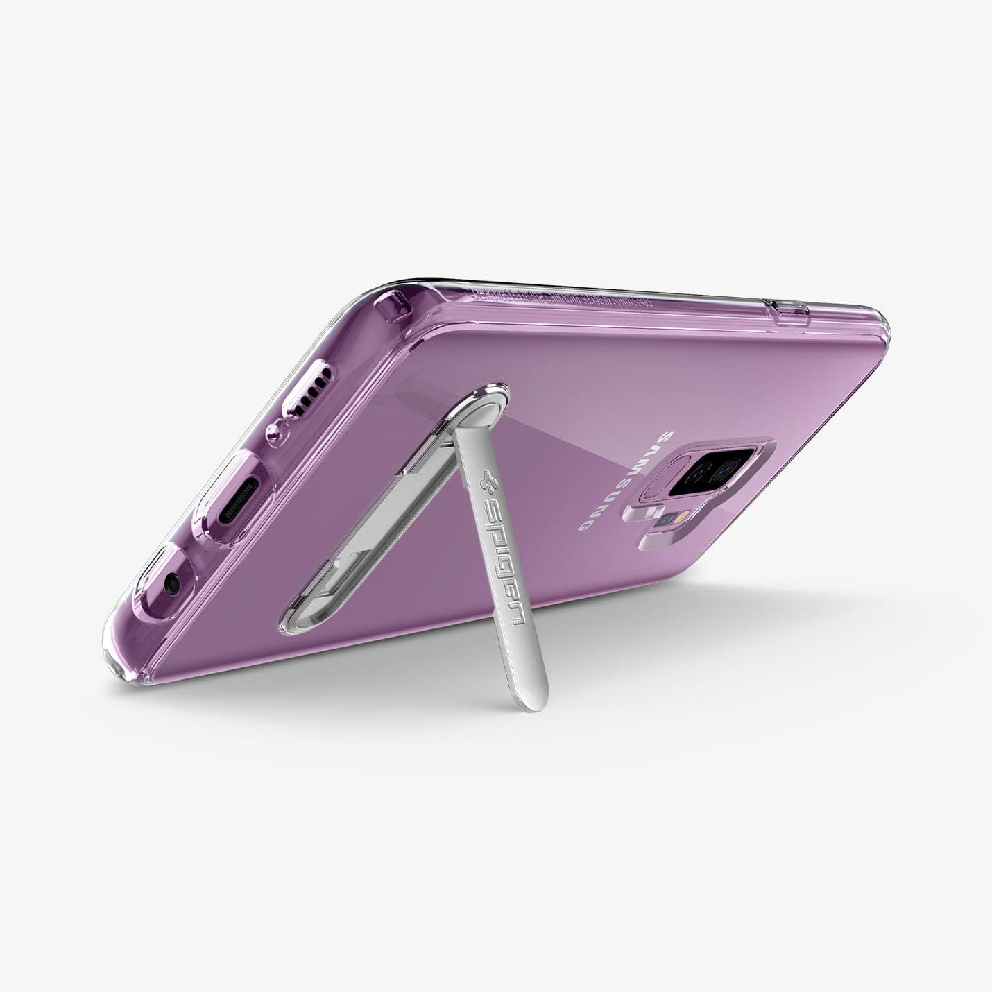 592CS22841 - Galaxy S9 Series Ultra Hybrid S Case in crystal clear showing the back and bottom with device propped up by built in kickstand