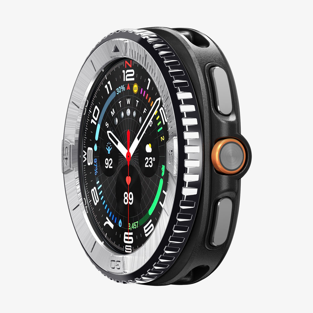 ACS10015 - Galaxy Watch 8 46mm Bezel Tune in sliver showing the front and side of watch face