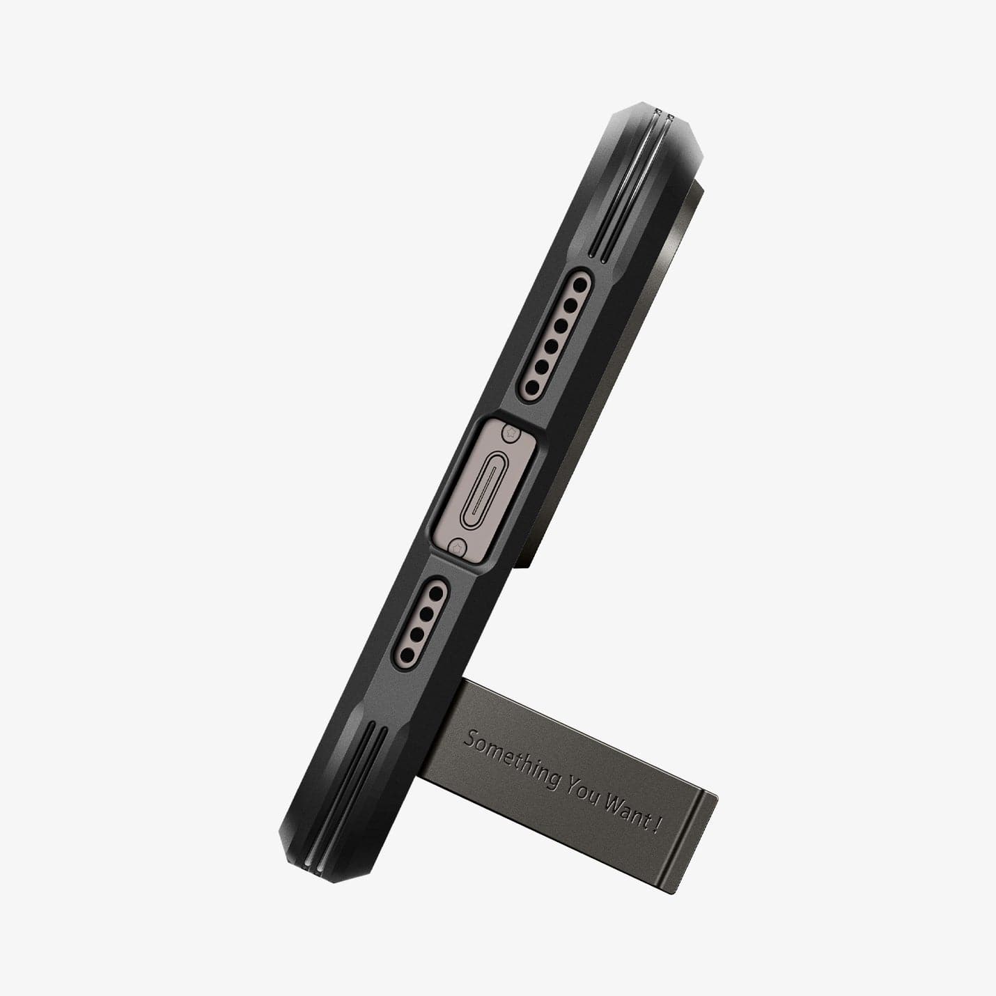 ACS04839 - iPhone 14 Pro Max Case Tough Armor (MagFit) in gunmetal showing the bottom of device being propped up horizontally by built in kickstand