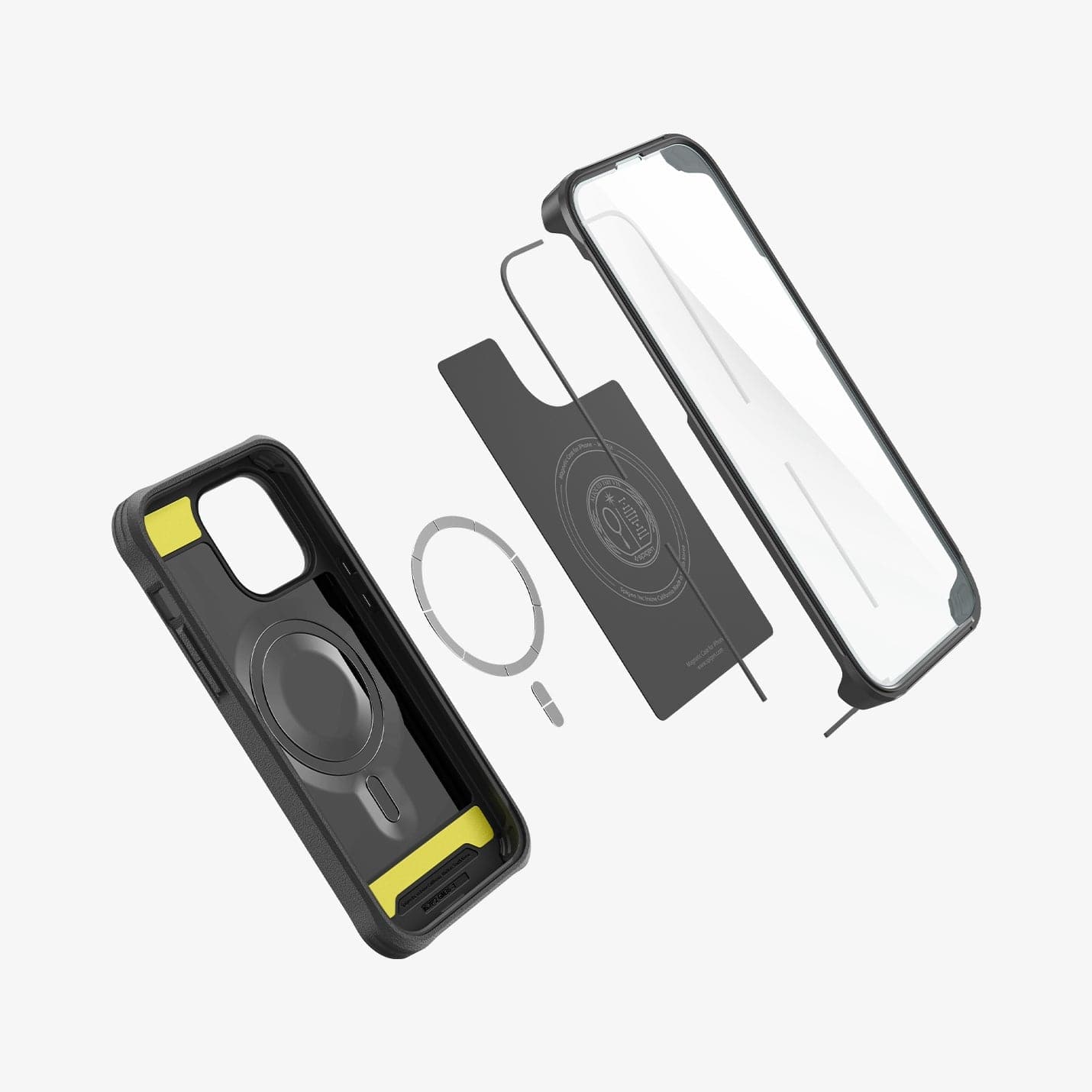 ACS04852 - iPhone 14 Pro Max Case Geo Armor 360 (MagFit) in black showing the inside, magnetic layers and the front of case