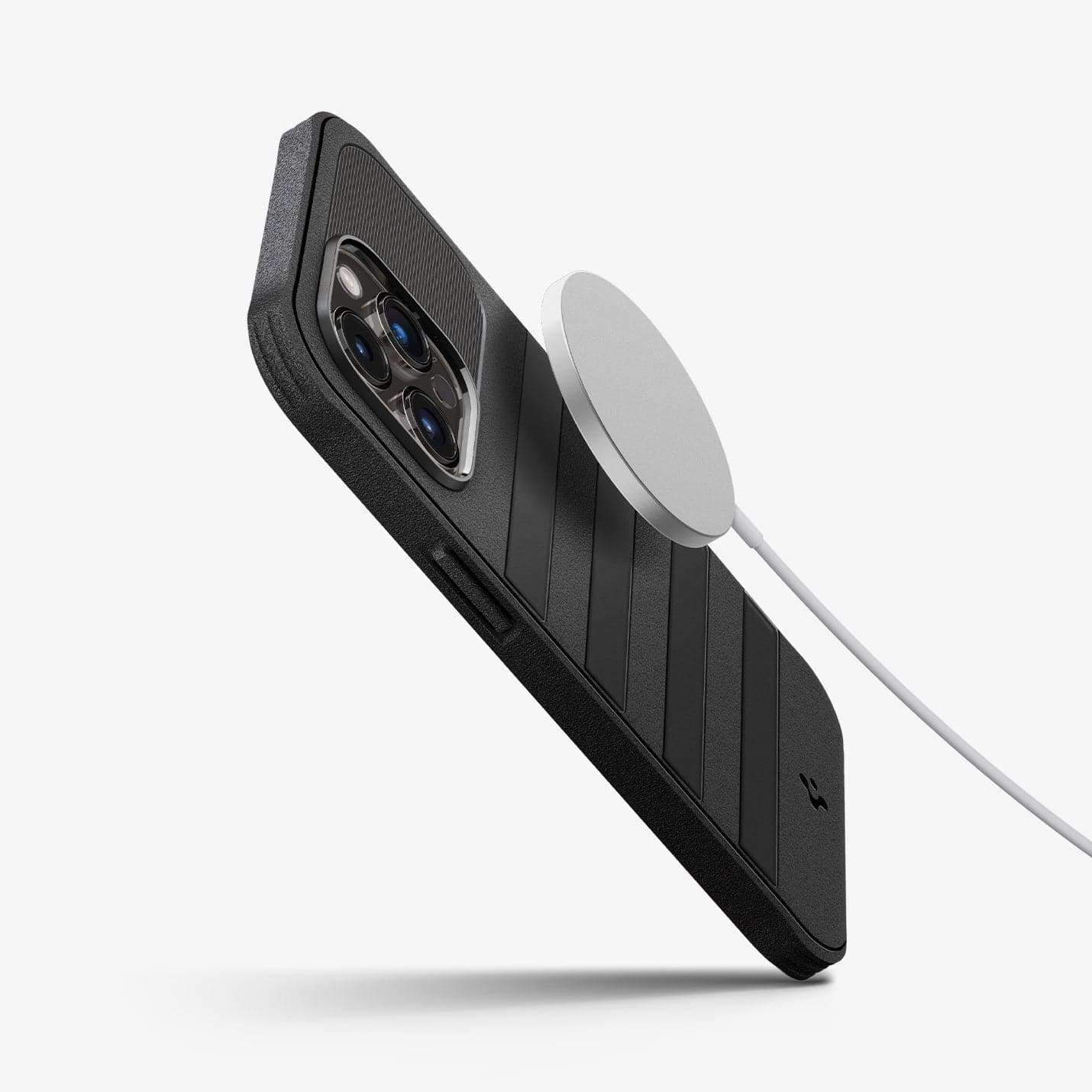 ACS04852 - iPhone 14 Pro Max Case Geo Armor 360 (MagFit) in black showing the side, back and magsafe charger hovering slightly behind device