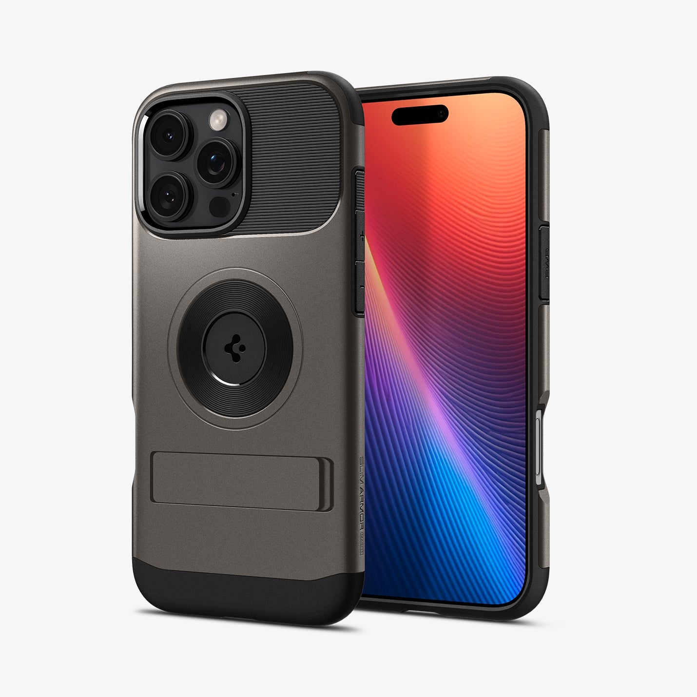 ACS08033 - iPhone 16 Pro Max Case Slim Armor (MagFit) in Gunmetal showing the back, partial front and sides