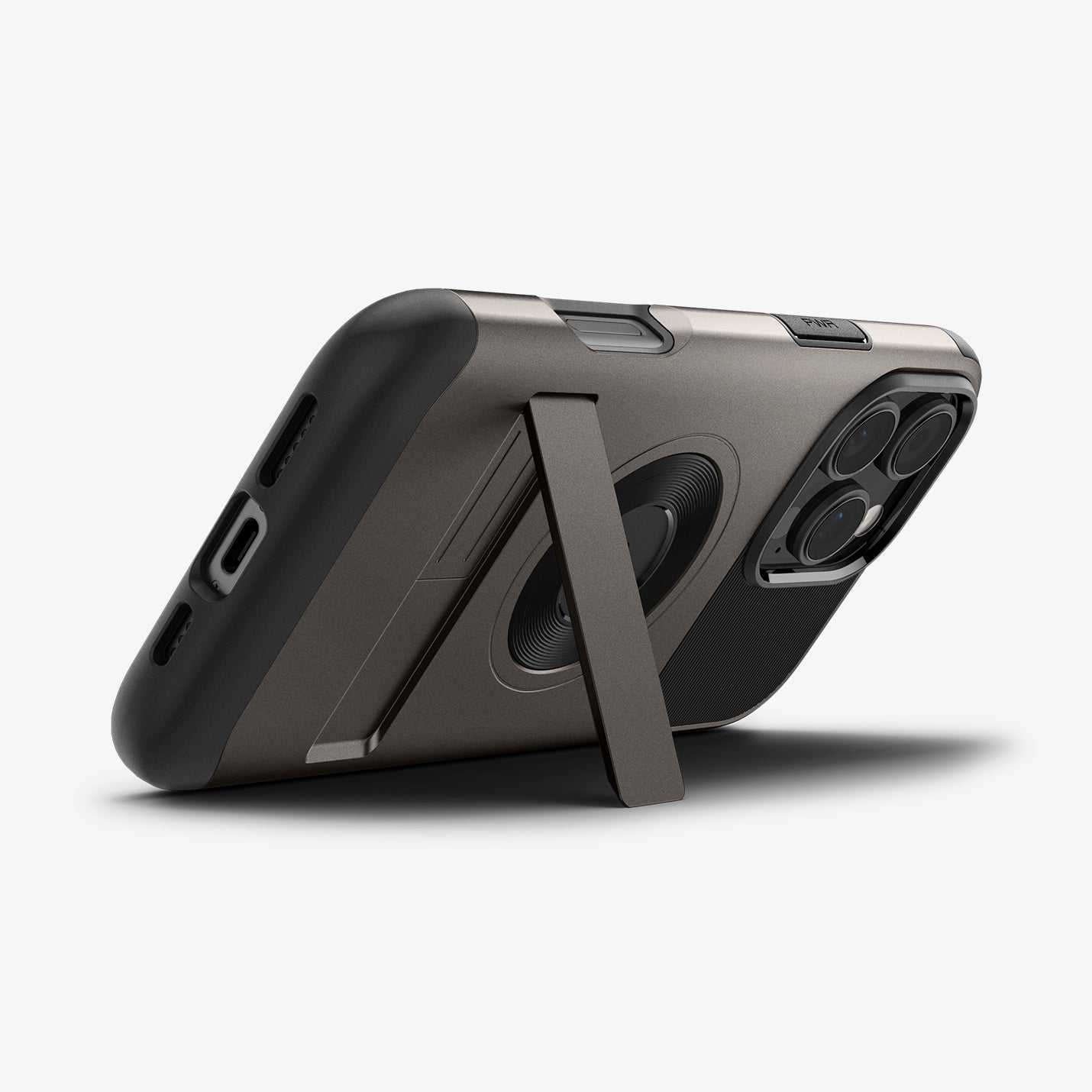 ACS08033 - iPhone 16 Pro Max Case Slim Armor (MagFit) in Gunmetal showing the back, partial side and bottom, propped up with a built-in kickstand
