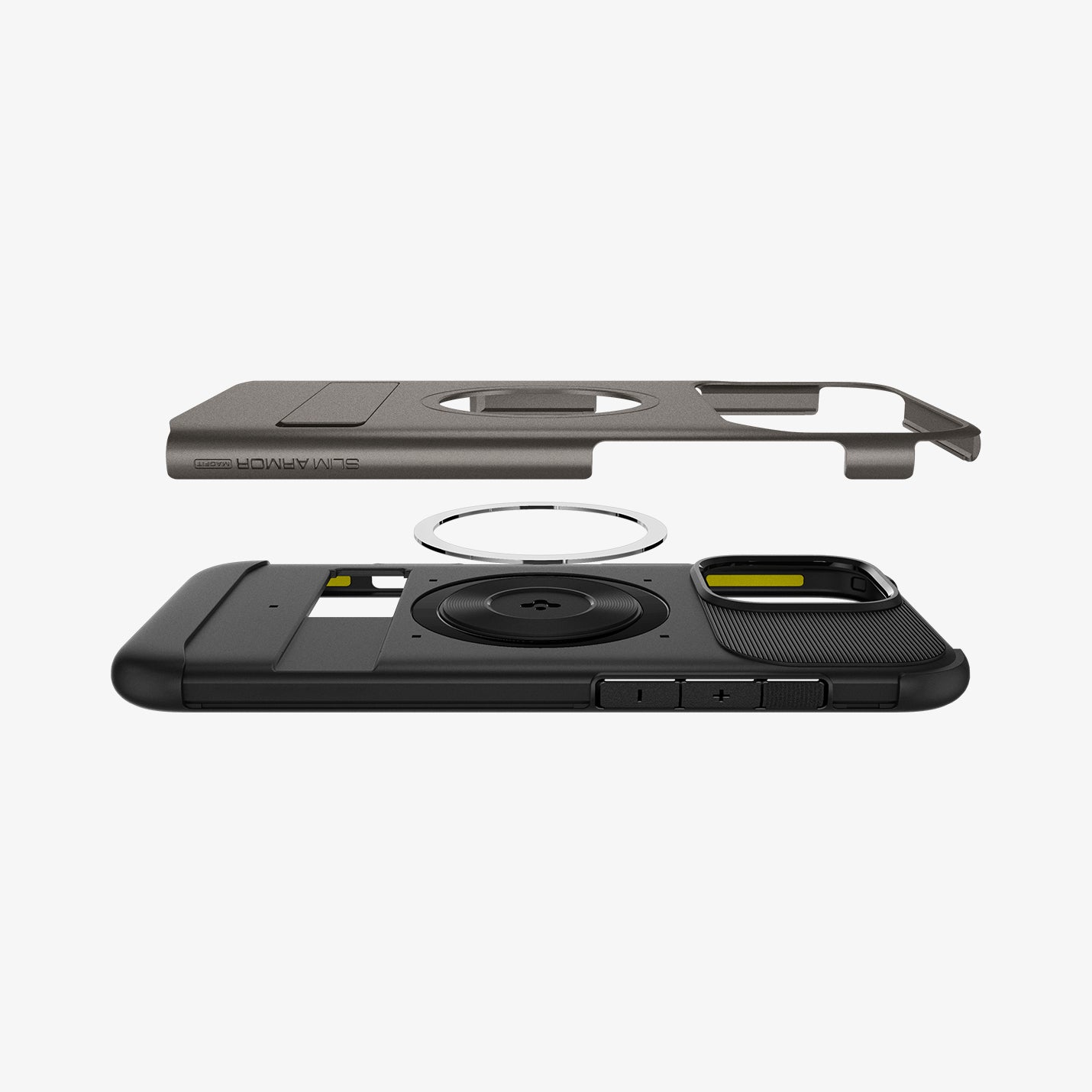 ACS08033 - iPhone 16 Pro Max Case Slim Armor (MagFit) in Gunmetal showing the back cover hovering above detached metal ring plate and the back of the case