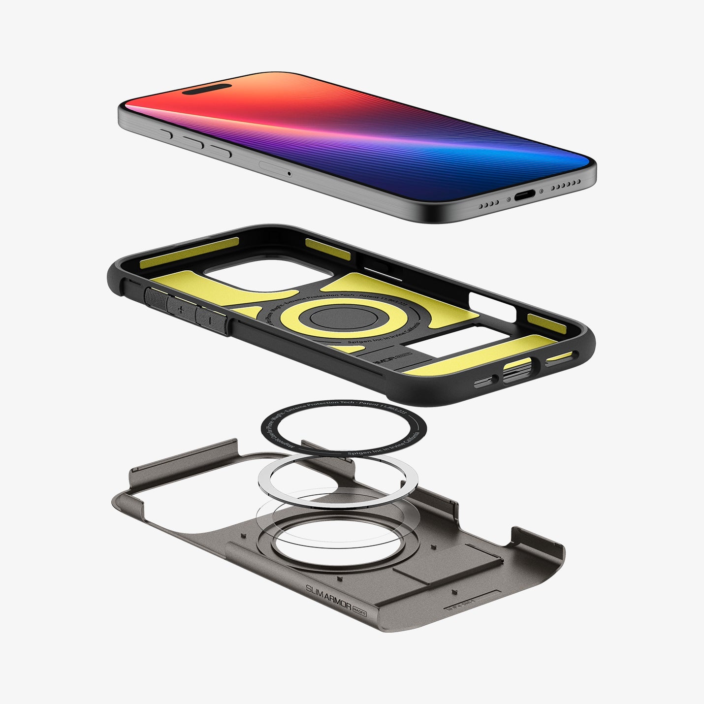 ACS08033 - iPhone 16 Pro Max Case Slim Armor (MagFit) in Gunmetal showing the device hovering above the detached back casing, metal ring plate and back cover of the case