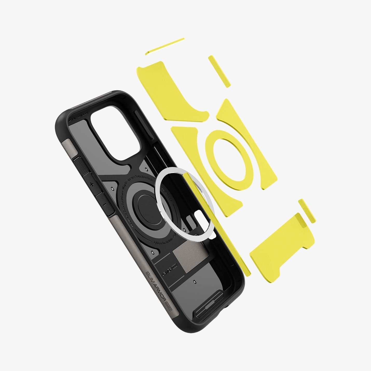 ACS08033 - iPhone 16 Pro Max Case Slim Armor (MagFit) in Gunmetal showing the detached impact foam hovering in front of the metal ring plate and the back casing showing inner side