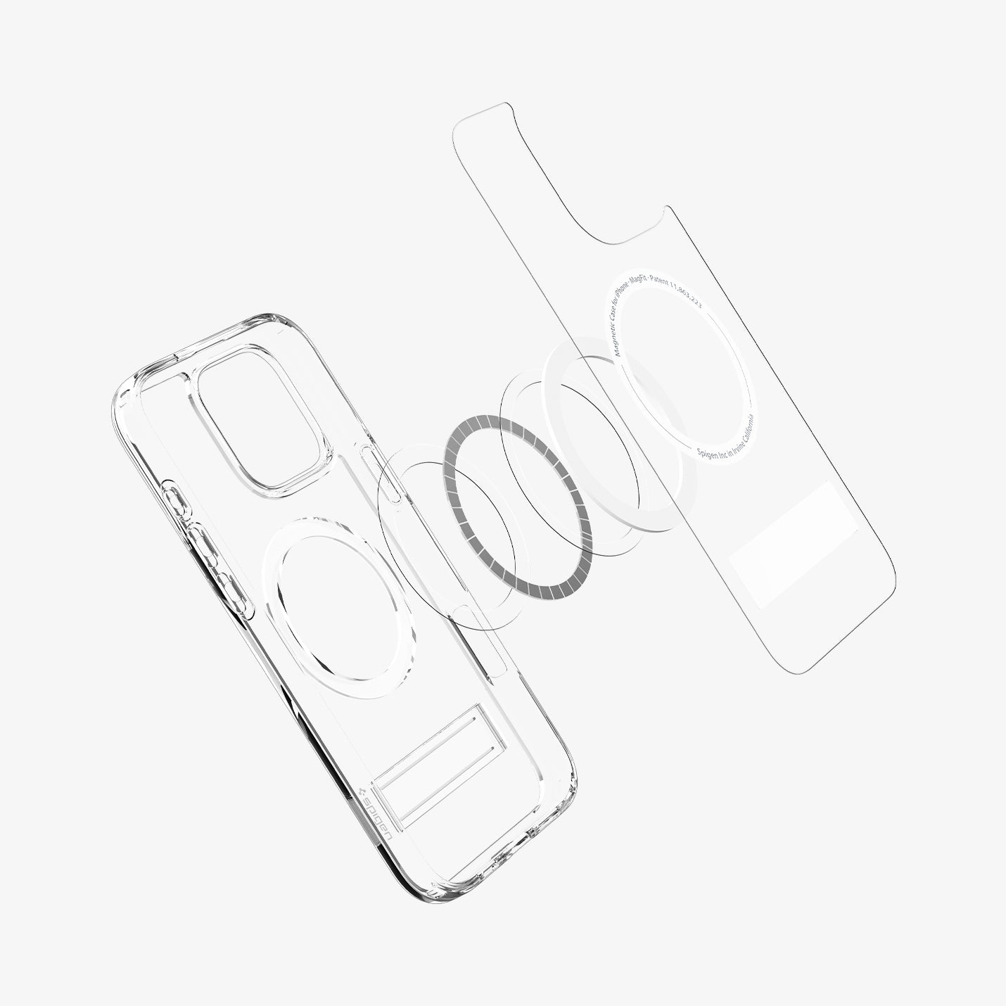 ACS08035 - iPhone 16 Pro Max Case Ultra Hybrid S (MagFit) in Crystal Clear showing the back cover detached, hovering in front of the magsafe ring metal plate and the case showing inner side
