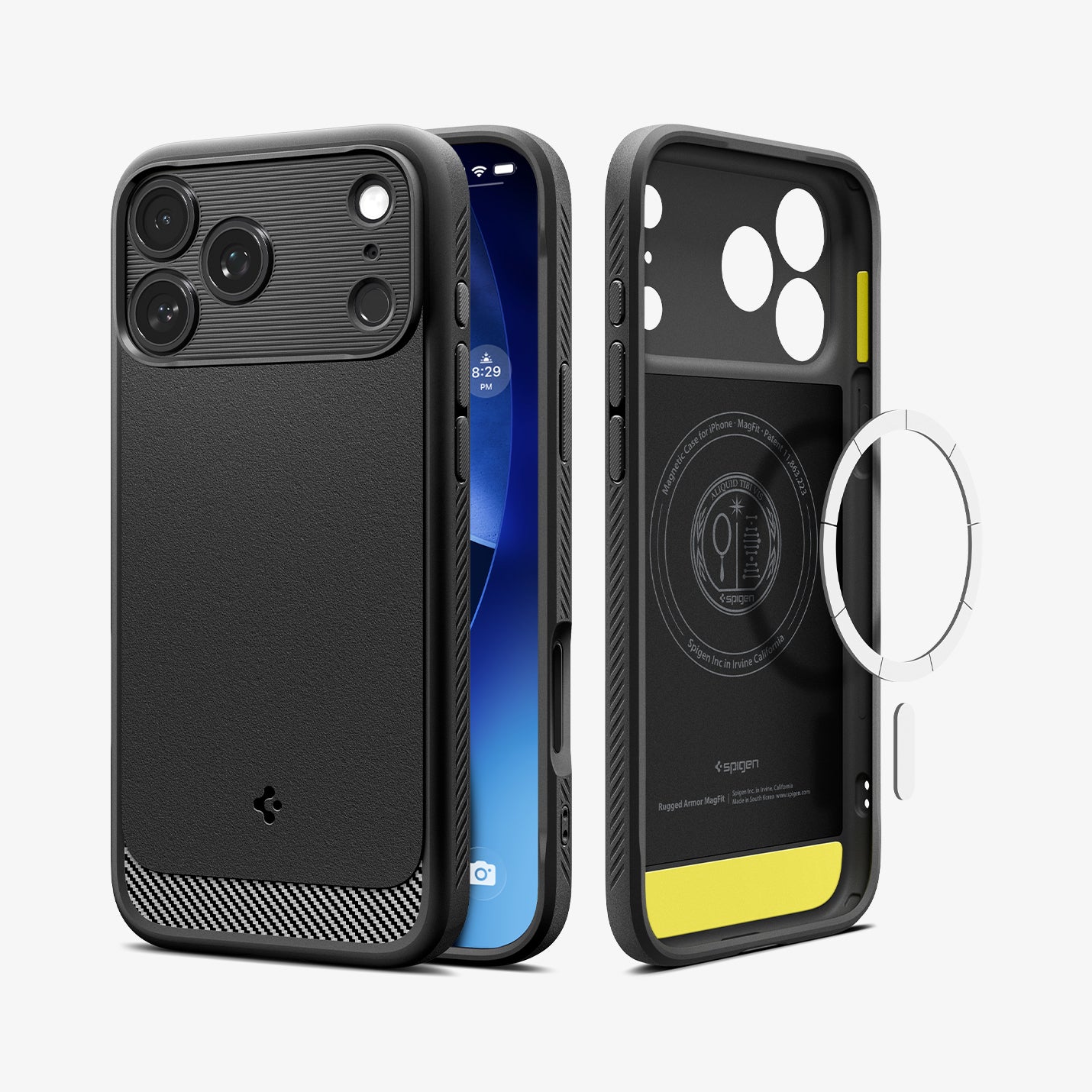 ACS09886 - iPhone 17 Pro Max Rugged Armor (MagFit) in Matte Black showing the back, partial sides, front, inner of the case and metal ring plate hovering in front