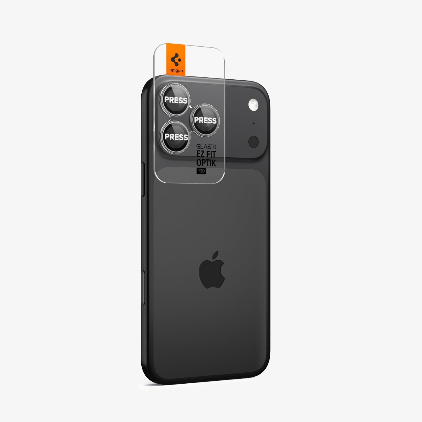 AGL10125 - iPhone 17 Pro Max Optik Pro EZ Fit Lens Protector in gray showing the back and partial side with ez fit tray on camera lens