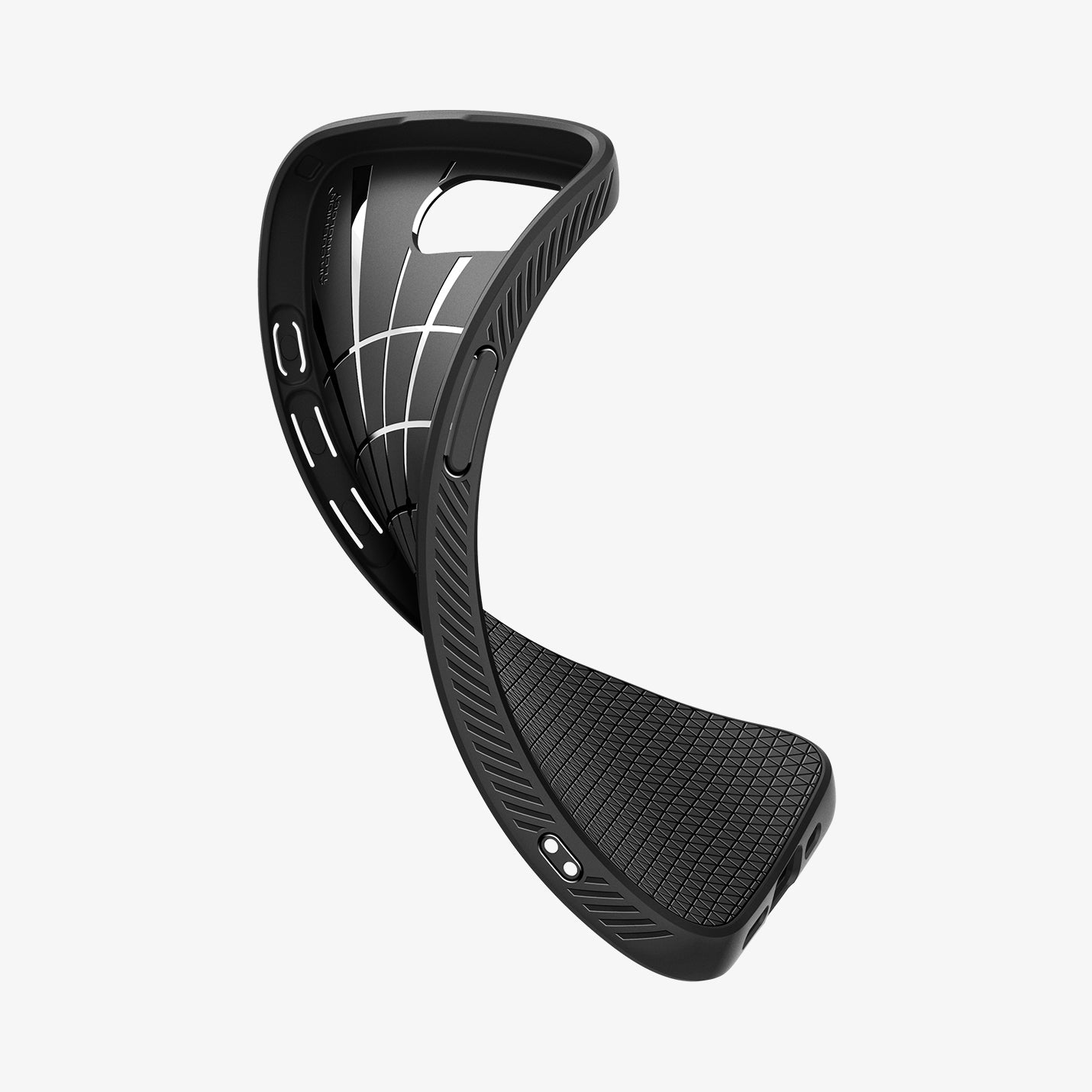 ACS09161 - iPhone 16e Case Liquid Air in Matte Black showing the partial back, partial inner and sides, case twisted