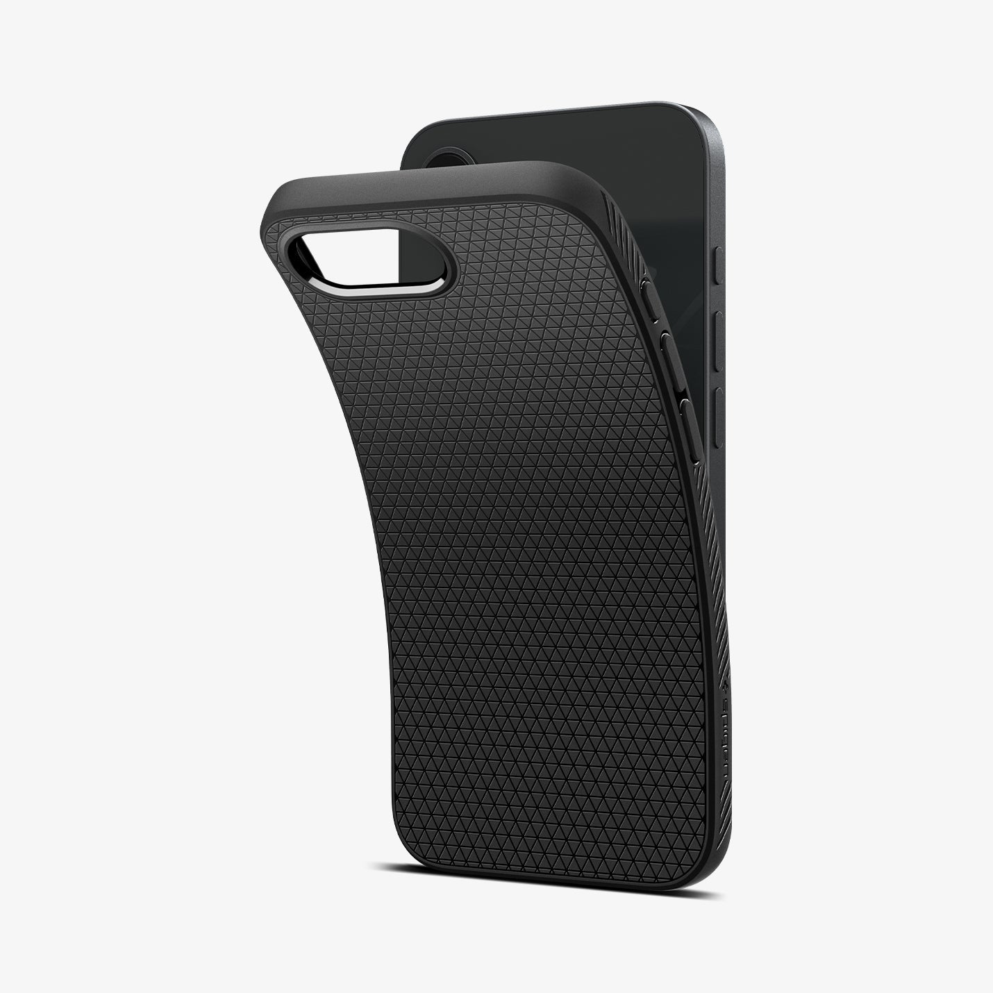 ACS09161 - iPhone 16e Case Liquid Air in Matte Black showing the back, partial side slightly lifted