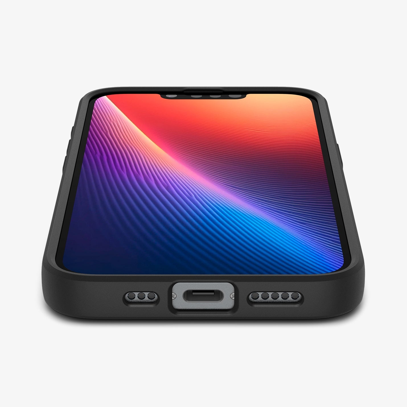 ACS09161 - iPhone 16e Case Liquid Air in Matte Black showing the front, partial side and bottom device zoomed in