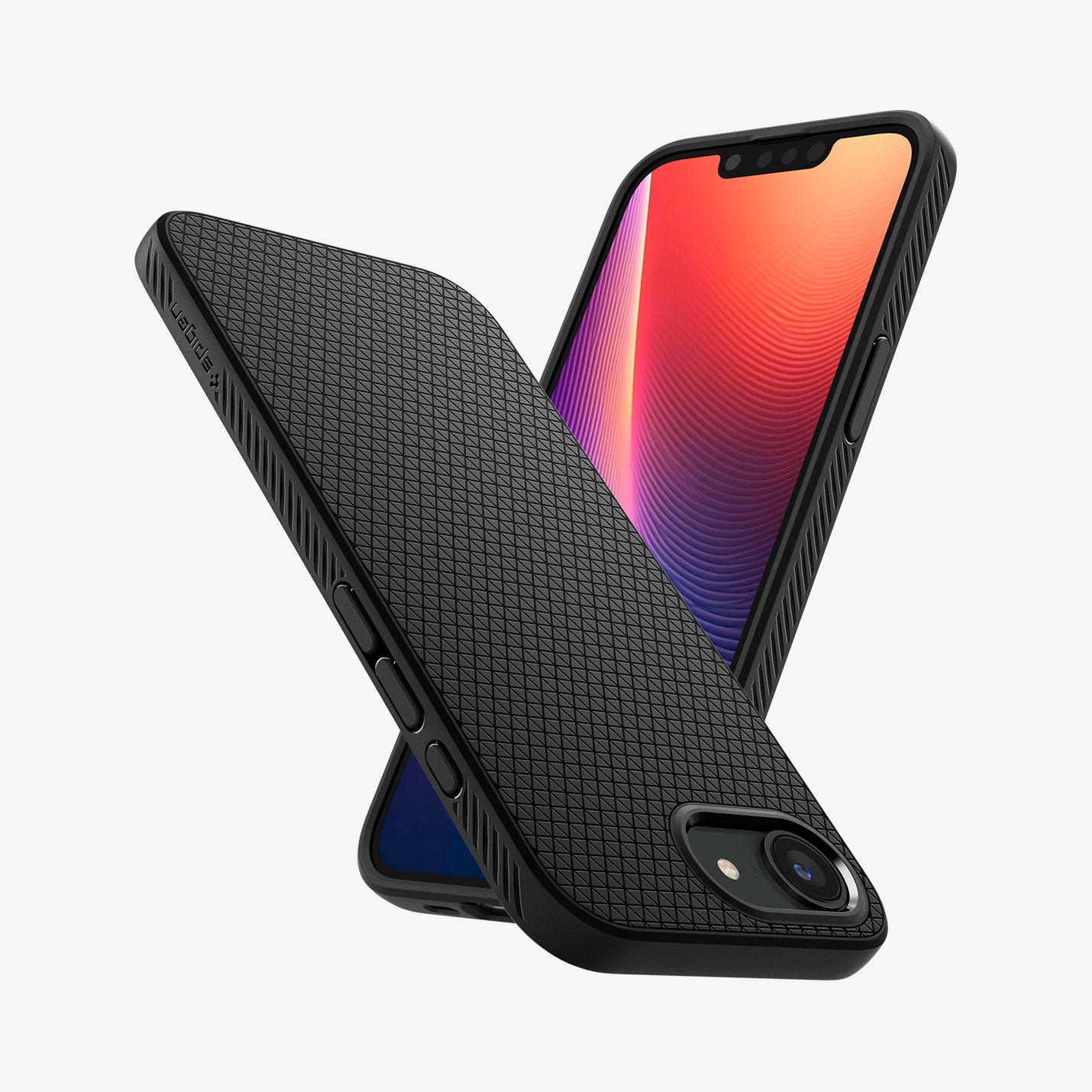 ACS09161 - iPhone 16e Case Liquid Air in Matte Black showing the partial back and side (upside down) and another device showing partial front and side