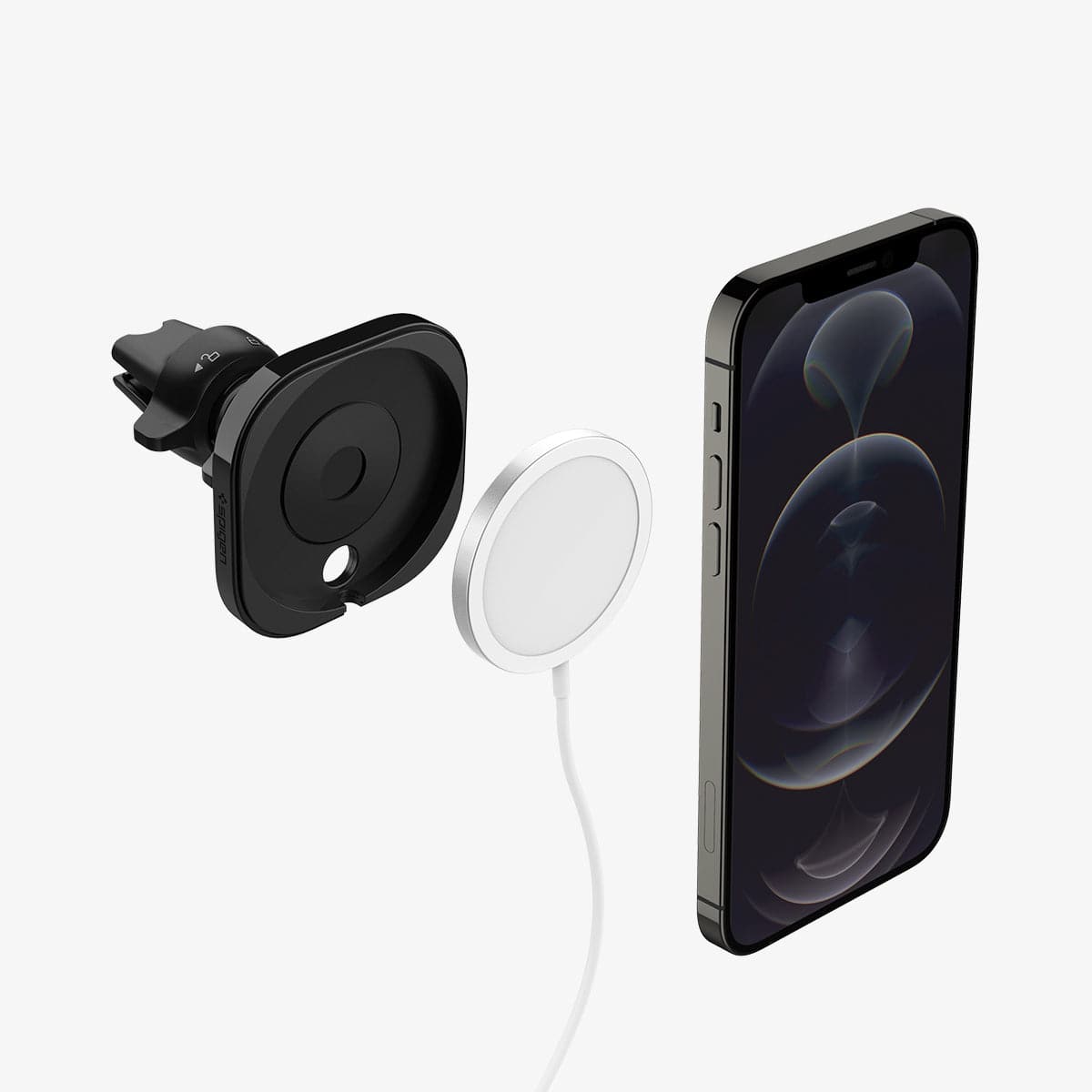 ACP02791 - MagFit Car Mount (MagFit) in black showing a device, magsafe charger and mount