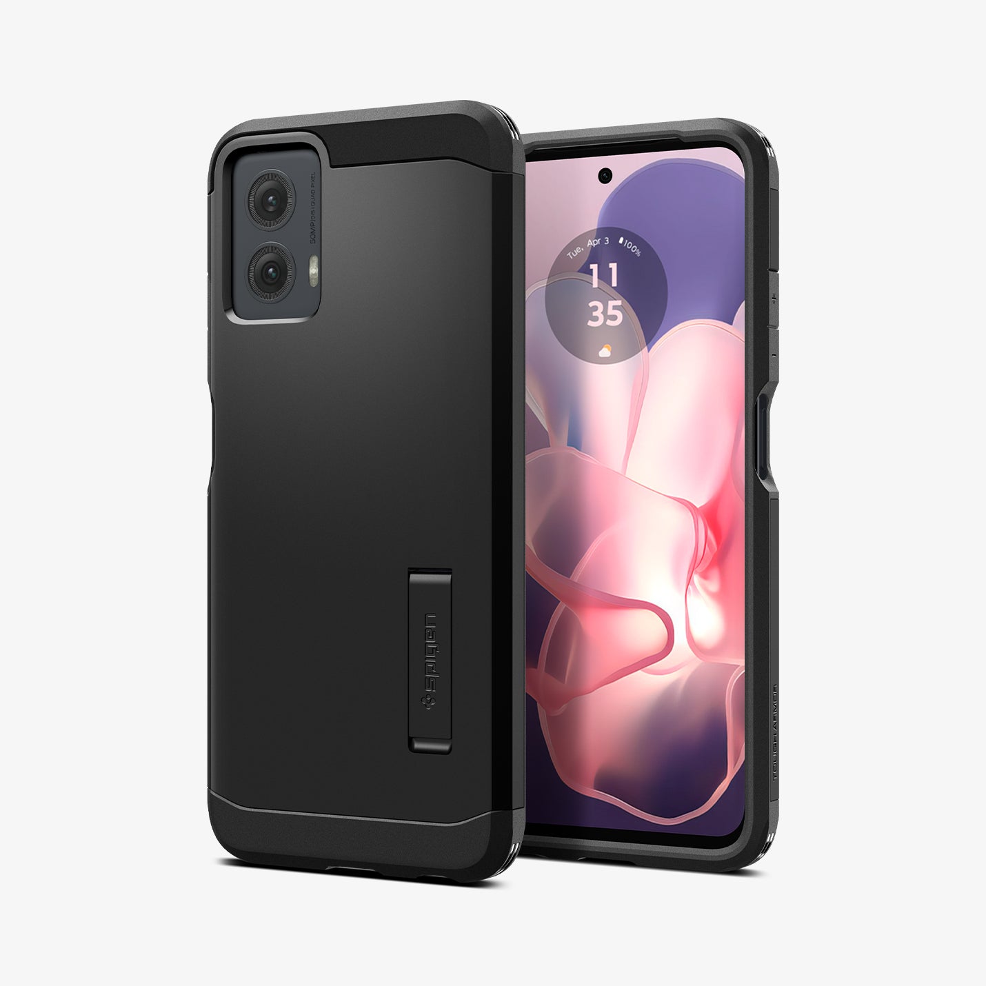 ACS07769 - Moto G Power 5G (2024) Case Tough Armor in Black showing the back, a device showing partial front and sides