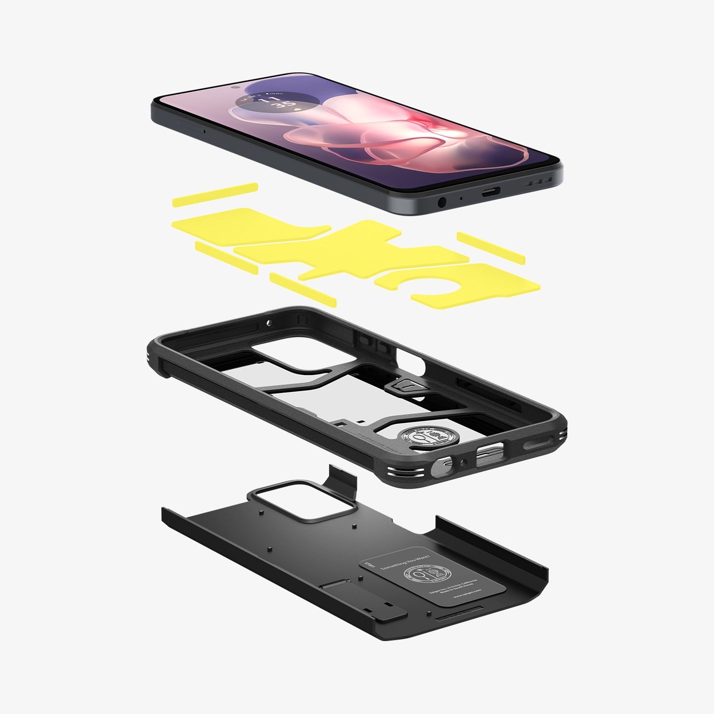 ACS07769 - Moto G Power 5G (2024) Case Tough Armor in Black showing the front of device hovering above the impact foam, detached from tpu frame and back layer of the case