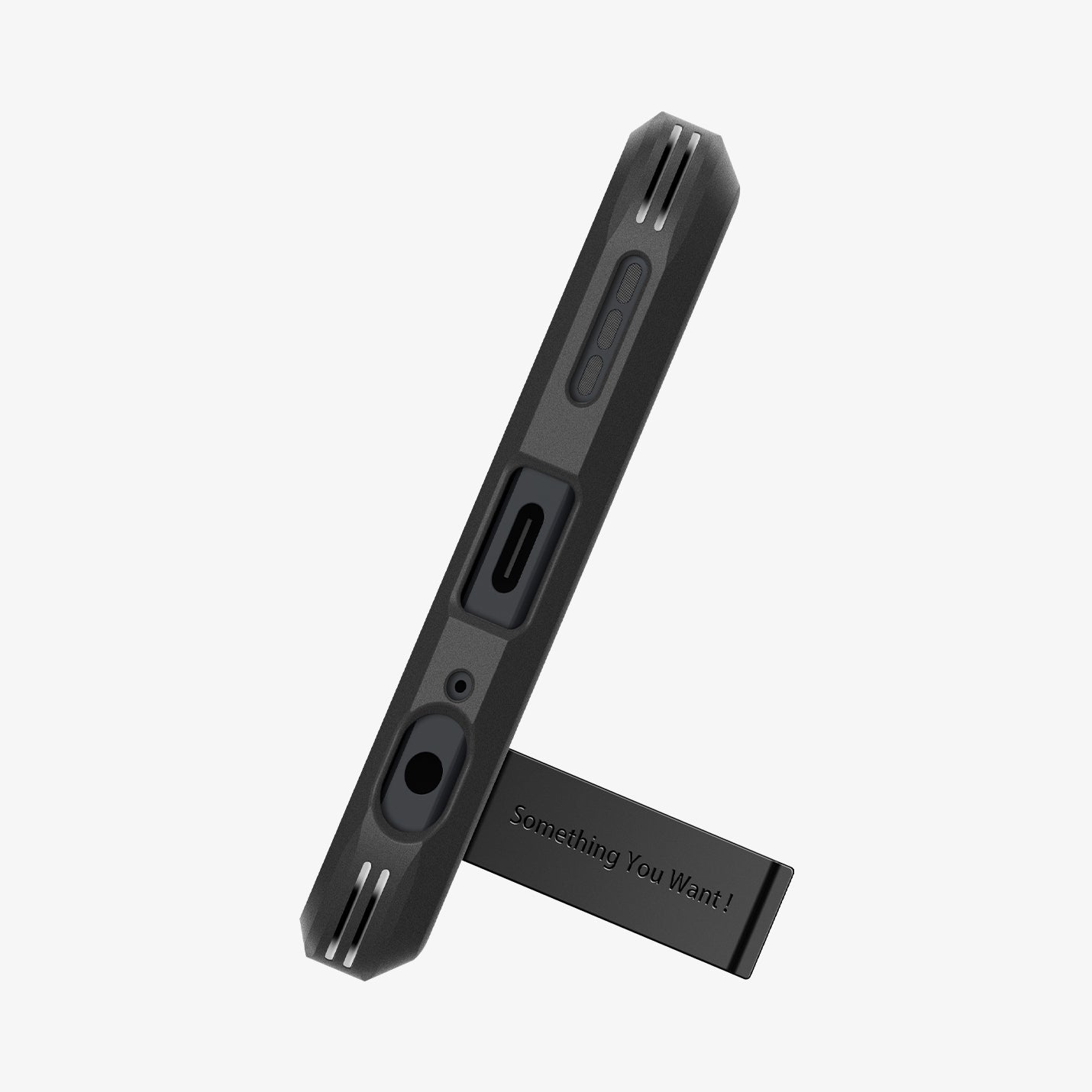 ACS07769 - Moto G Power 5G (2024) Case Tough Armor in Black showing the bottom zoomed in with a built-in kickstand propped up