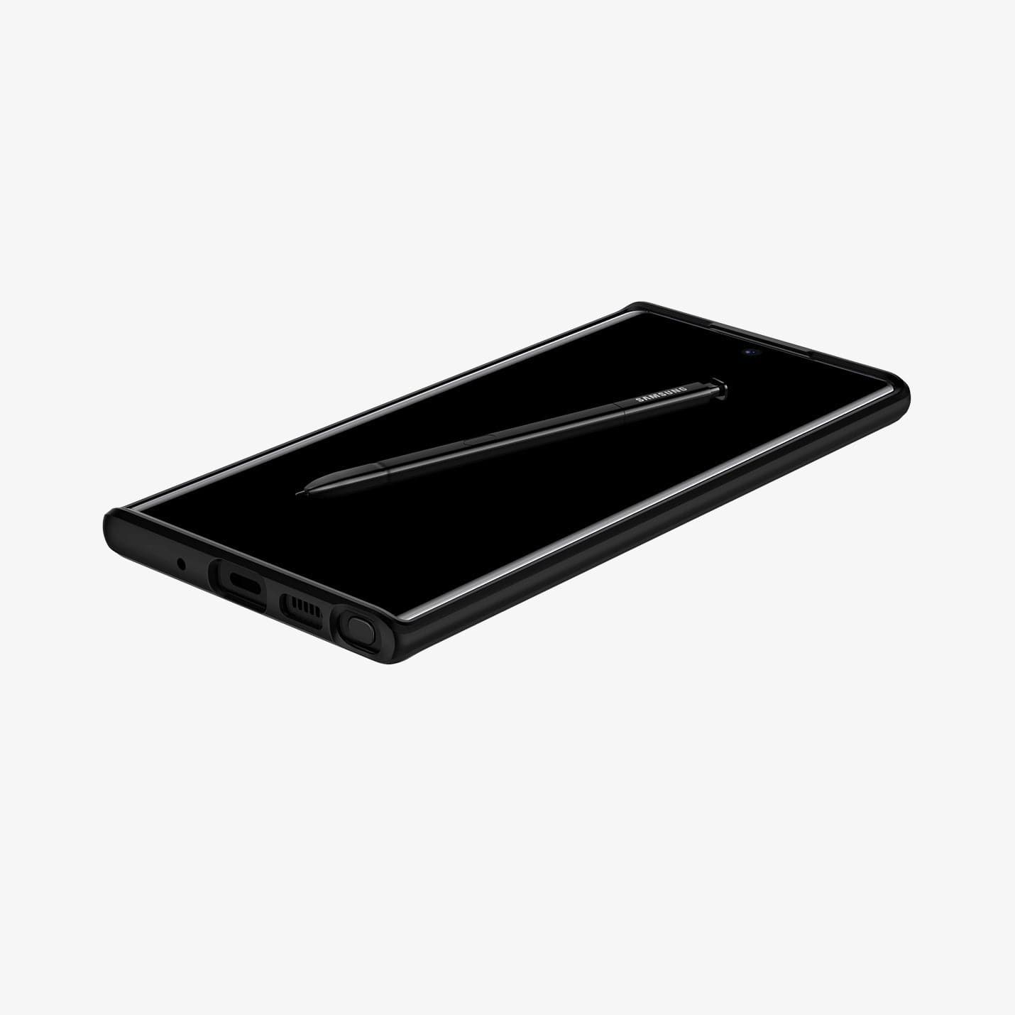 627CS27332 - Galaxy Note 10 Series Ultra Hybrid Case in crystal clear showing the front, side and bottom with s pen on screen