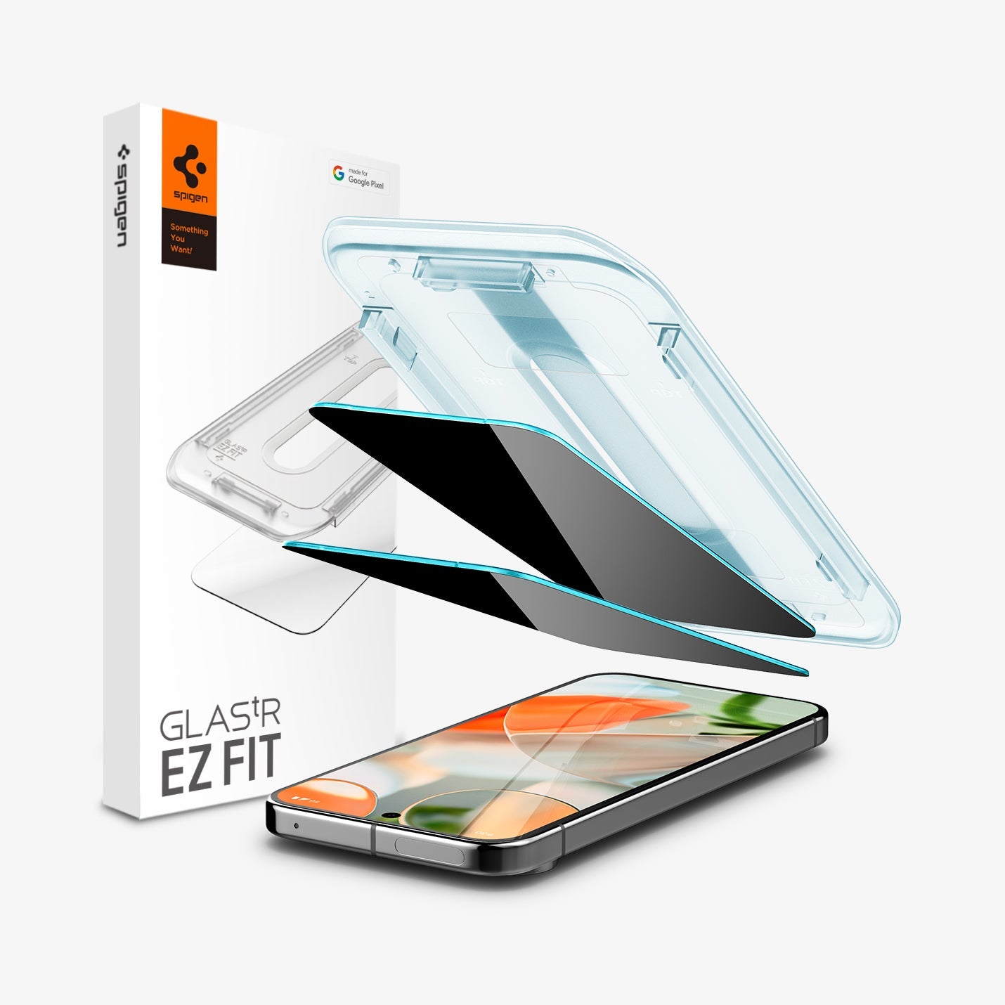 AGL09313 - GajPXL GLAS.tR EZ Fit Privacy Screen Protector showing the device, screen protectors, ez fit tray and packaging