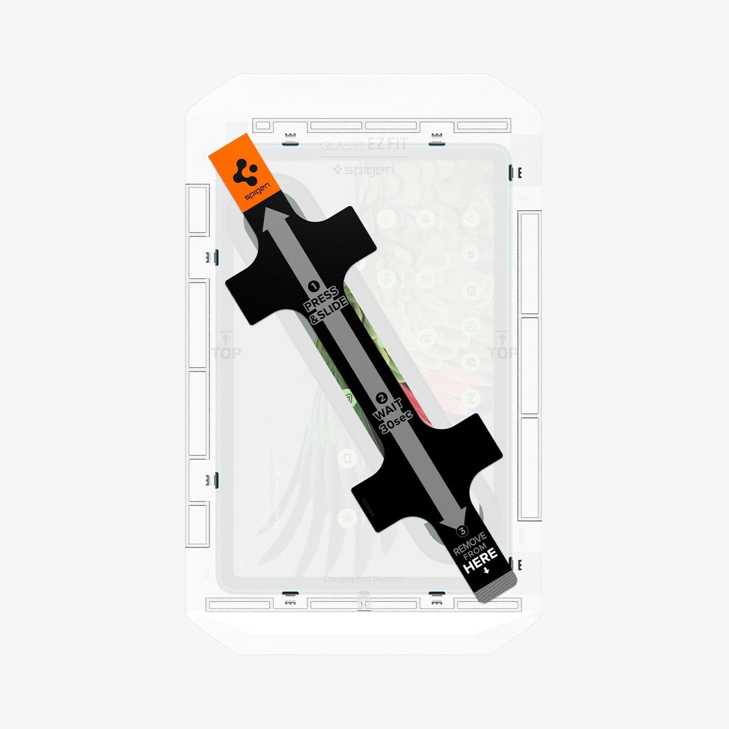 AGL06855 - Pixel Tablet Screen Protector EZ FIT GLAS.tR showing the ez fit tray installed onto device