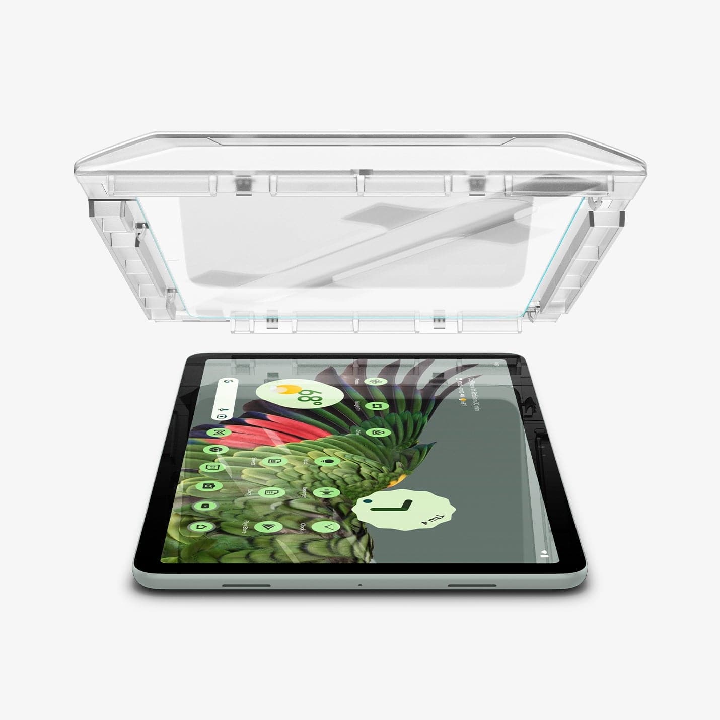 AGL06855 - Pixel Tablet Screen Protector EZ FIT GLAS.tR showing the ez fit tray and screen protector hovering above the device